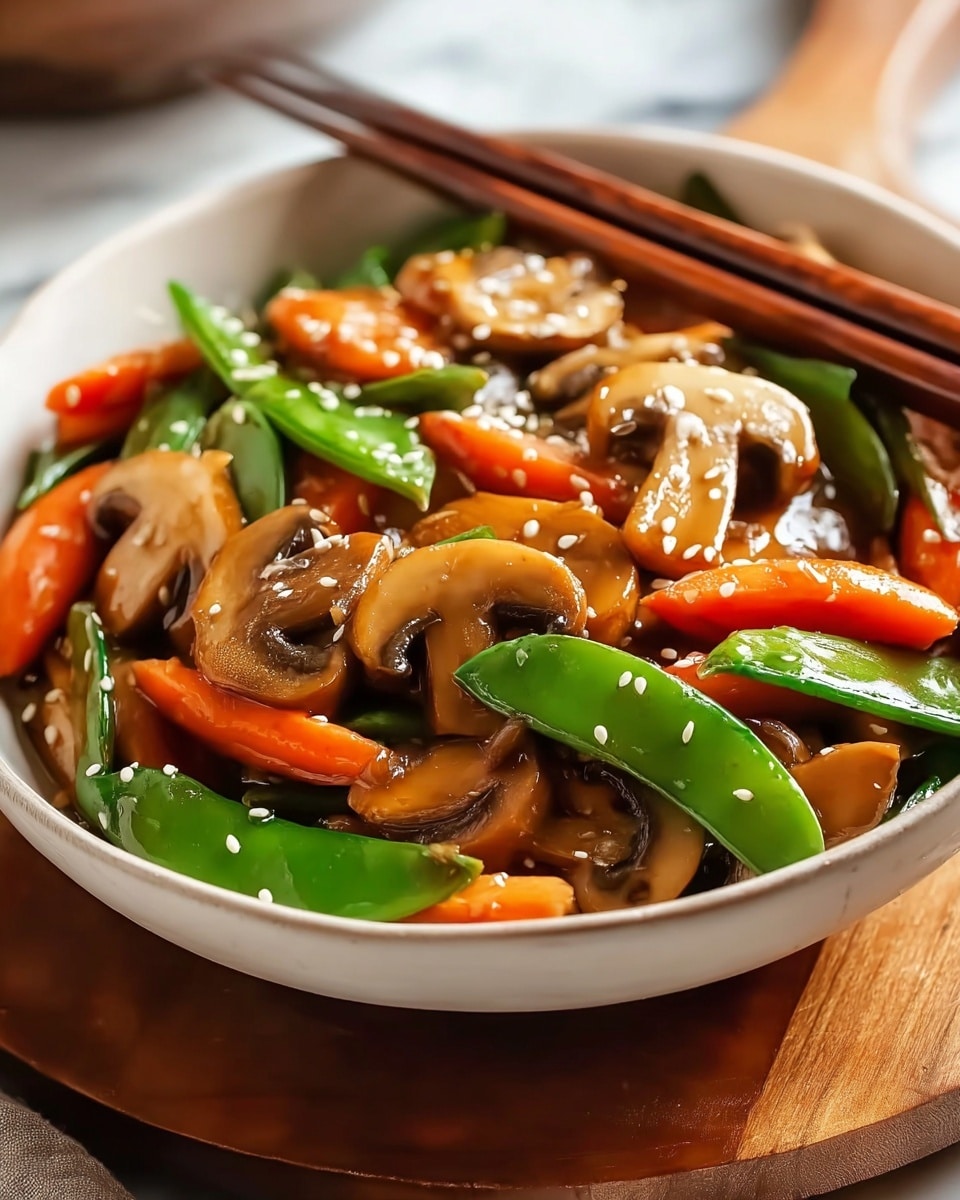 A black pan filled with a colorful stir-fry that includes three main layers: the base layer of vibrant green peas and bright green snow peas scattered throughout, a middle layer of bright orange carrot slices and light brown sautéed onions, and a top layer of sliced light brown chicken pieces and dark brown mushrooms with visible texture and gills. The vegetables and chicken appear glossy and coated in a light sauce, with steam rising from the pan. The pan rests on a white marbled surface. photo taken with an iphone --ar 4:5 --v 7