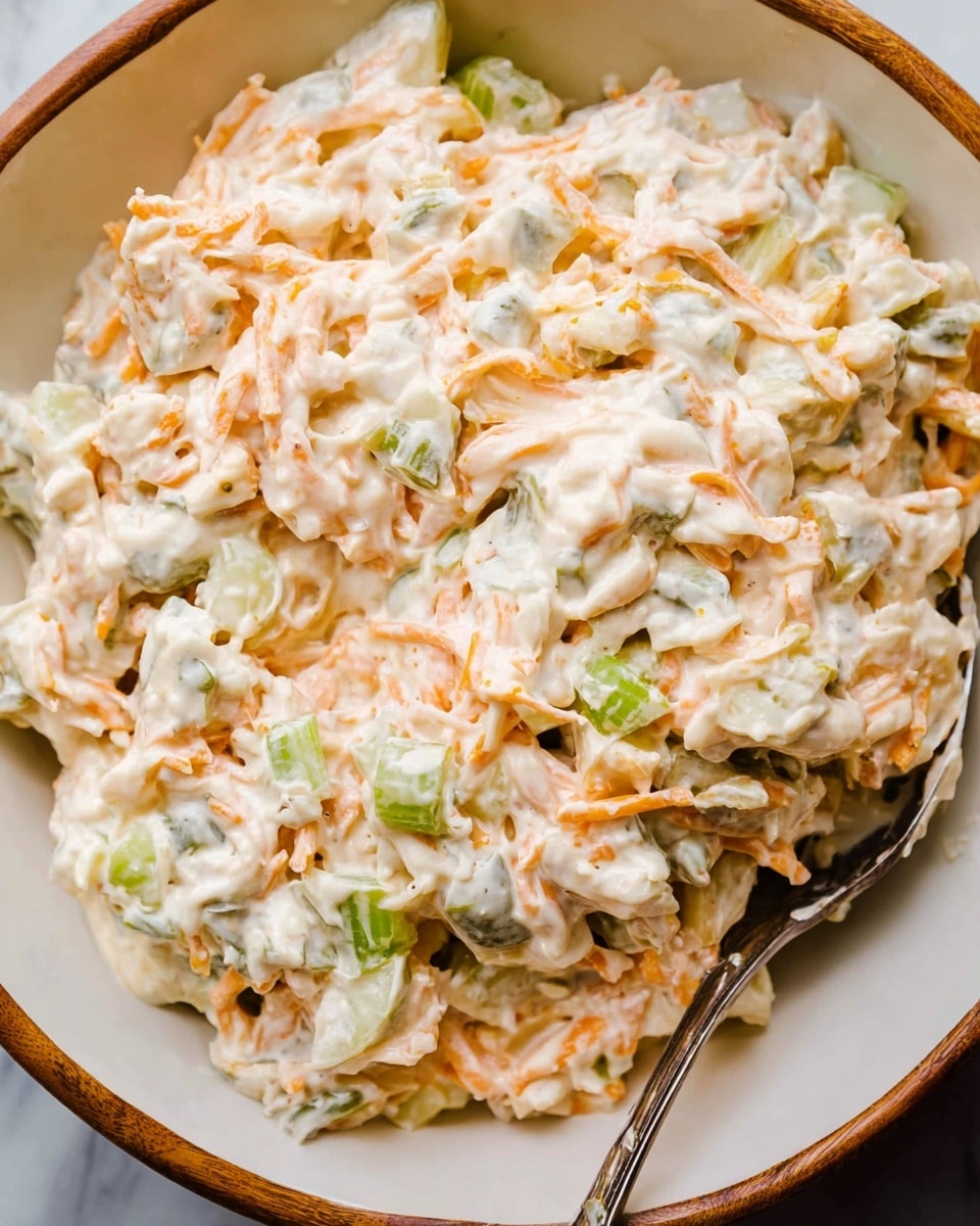 The image shows a creamy salad with visible ingredients like shredded orange carrots, light green celery pieces, and small green pickle chunks, all mixed together in a thick white mayonnaise-like dressing. The salad is served in a deep white bowl with a slight wooden texture visible at the edges, and a silver spoon rests on one side, partially covered by the salad. The background is a white marbled surface, adding a clean and simple feel to the image. photo taken with an iphone --ar 4:5 --v 7