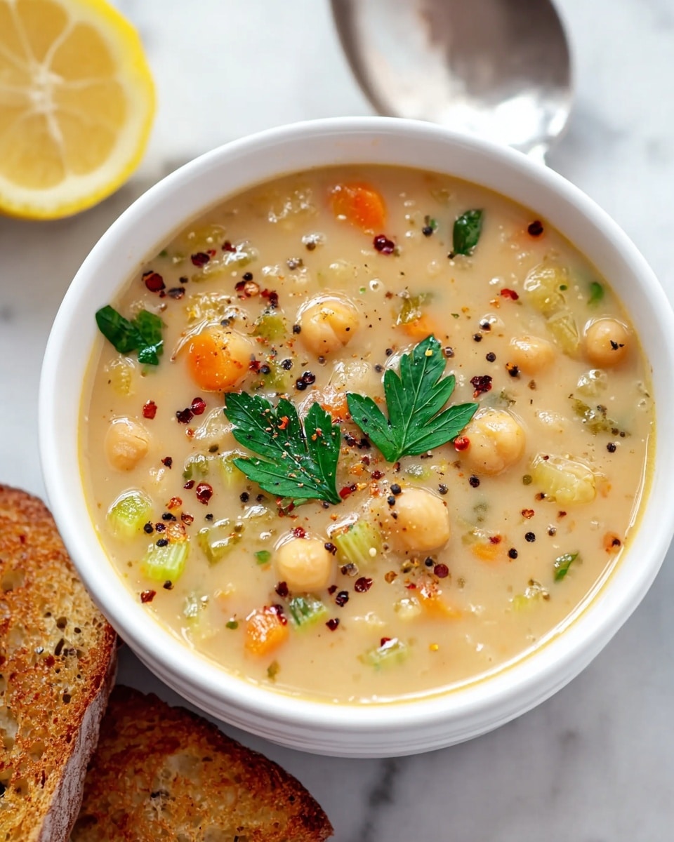 A white bowl filled with creamy chickpea soup sits on a white marbled surface. The soup has a light beige broth with whole round chickpeas, small chunks of orange carrot, pale green celery pieces, and fine bits of onion. The soup is topped with two fresh green parsley leaves and a sprinkle of coarse black pepper and red chili flakes. To the left of the bowl are two pieces of toasted bread with a golden brown crispy crust. In the background, the top half of a lemon with a bright yellow rind shows its juicy interior. A silver spoon is also partially visible behind the bowl. Photo taken with an iphone --ar 4:5 --v 7