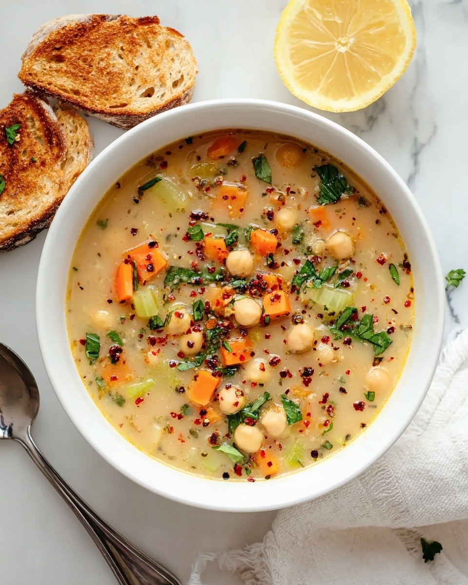 A white bowl filled with creamy chickpea soup showing a thick, light beige broth with visible pieces of chickpeas, chopped orange carrots, green celery, and sprinkled black pepper and red chili flakes on top. Fresh green herbs are scattered over the surface, adding a touch of bright color. The bowl sits on a white marbled surface next to two slices of toasted bread with browned edges, a peeled half lemon, and a silver spoon. A white cloth napkin is partly under the bowl. The scene is bright and clean with natural lighting. photo taken with an iphone --ar 4:5 --v 7