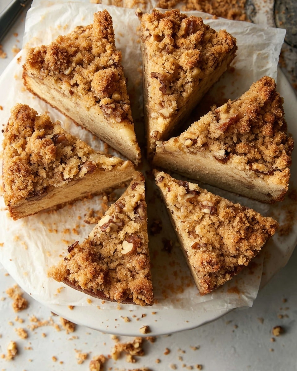 A round crumb cake cut into eight slices is shown on white parchment paper inside a white ceramic dish. Each slice has two layers: the bottom layer is a light beige cake filled with pieces of walnuts, visible as irregular brown shapes, and the top layer is a thick, crumbly streusel topping in golden brown with a rough texture and small nut pieces embedded. The slices are arranged in a circular pattern with several crumbs scattered around the dish, all placed on a white marbled surface. photo taken with an iphone --ar 4:5 --v 7