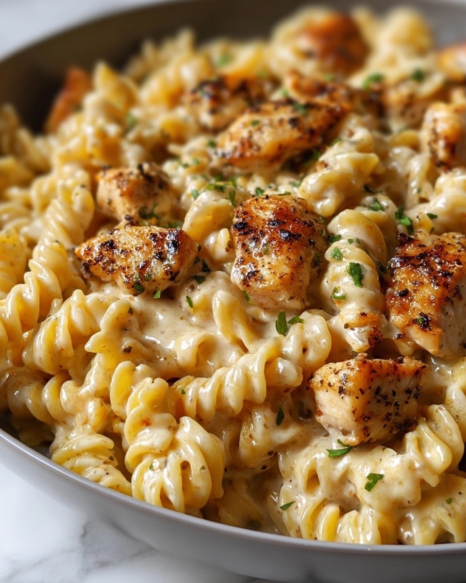 A close-up of a skillet filled with creamy fusilli pasta layered evenly at the bottom, coated in a rich, light yellow cheese sauce. On top, there are multiple pieces of golden-brown, slightly charred chicken with a crispy texture, spread out over the pasta. The dish is garnished with finely chopped green herbs and small bits of red pepper scattered all over, adding pops of green and red color. The skillet sits on a white marbled surface, and the overall presentation shows a warm, hearty dish with a creamy and crispy contrast. photo taken with an iphone --ar 4:5 --v 7