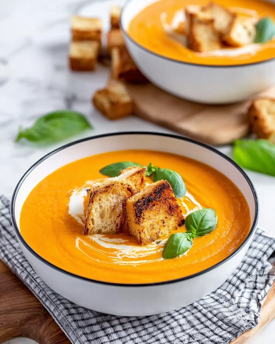 Two white bowls filled with bright orange creamy tomato soup each have a swirl of white cream on top. Each bowl has three golden-brown toasted square croutons with a crispy texture, placed near the center on the cream. Fresh green basil leaves are scattered on top of the soup and next to the croutons, adding a fresh touch. There are small black pepper specks on the soup surface. The bowls are placed on a white marbled surface with a few croutons scattered around, along with additional basil leaves. A silver spoon with black handle rests on top of a gray and white checkered cloth near the bottom right corner. photo taken with an iphone --ar 4:5 --v 7