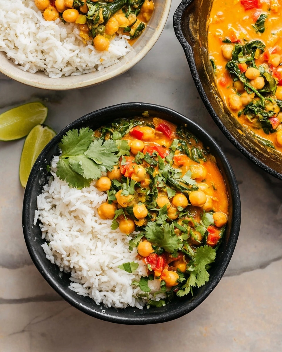 A black bowl filled with two layers: the bottom layer is fluffy white rice with a soft texture, and the top layer is a colorful chickpea curry with bright orange sauce, green spinach leaves, and small pieces of red bell pepper, garnished with fresh green cilantro leaves and a lime wedge placed on the left side. Above the bowl, there is a white bowl filled with a similar dish showing white rice and chickpea curry, and on the upper right, a black cast iron pan with the same chickpea curry, showing its creamy and chunky texture filled with chickpeas, spinach, and diced peppers. The setting is on a white marbled surface. photo taken with an iphone --ar 4:5 --v 7