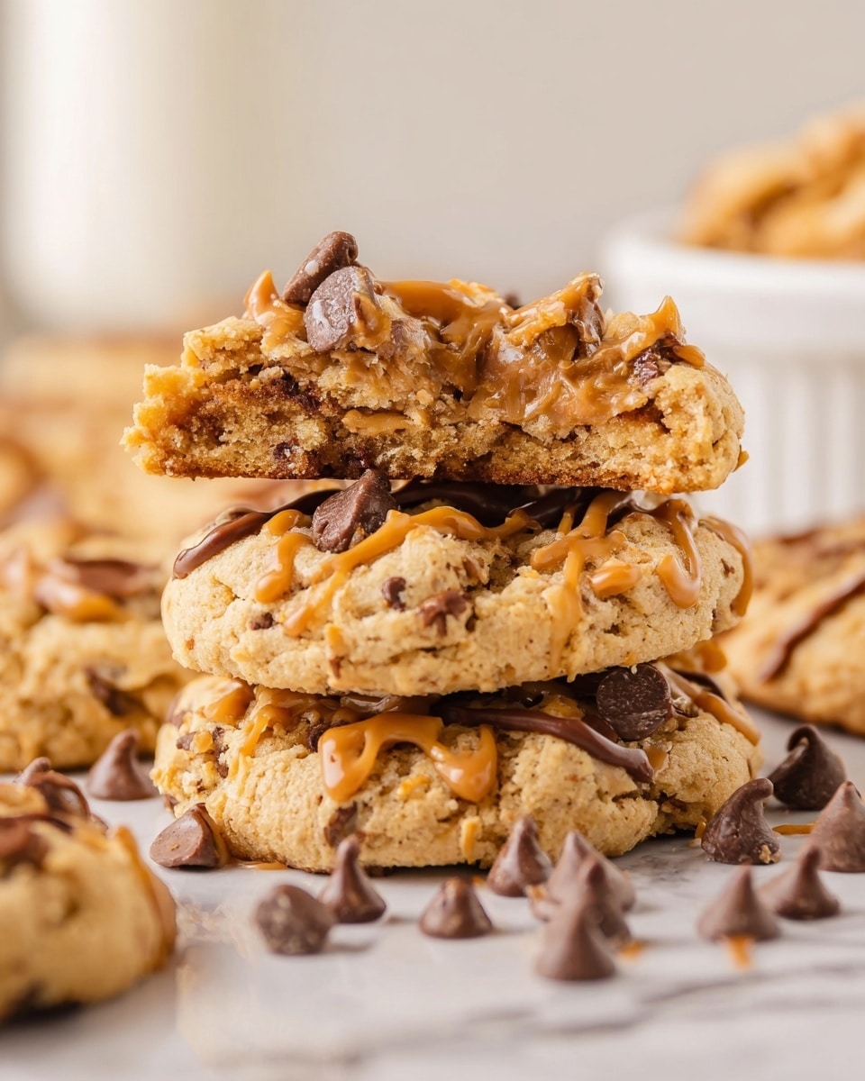 A stack of three thick cookies sits on a white marbled surface, with the top cookie broken in half showing a soft, chewy inside full of light brown chunks. Each cookie layer is golden brown with a rough texture and is drizzled with a light caramel-colored sauce. Dark brown chocolate chips are scattered around the cookies and one chip rests on the second cookie in the stack. In the blurred background, there is a white ramekin partially visible. photo taken with an iphone --ar 4:5 --v 7