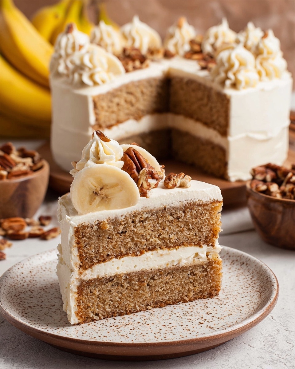 A two-layered banana cake slice on a white plate with a speckled brown texture, each layer is light brown and moist with a thick layer of creamy white frosting in between and on top. The top layer features swirls of white frosting decorated with banana slices and small pieces of pecans. The background shows the whole cake with similar frosting and banana decorations, placed on a white marbled surface along with a bowl of pecans and a bunch of bananas. Photo taken with an iphone --ar 4:5 --v 7