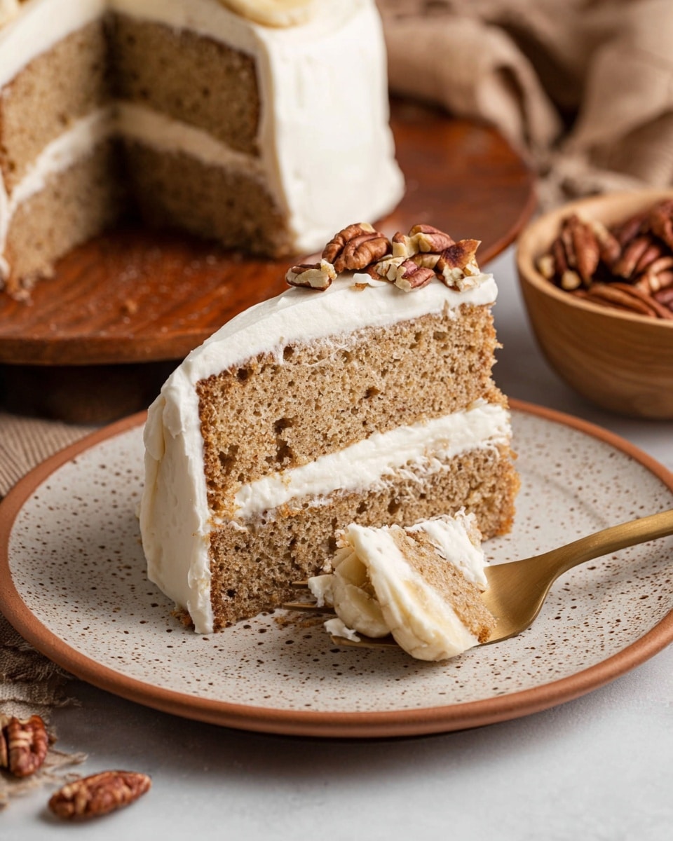 A slice of two-layer light brown cake with a thick white creamy frosting layer in the middle and on the top. The cake looks soft and moist with small air holes. On the top right side of the cake slice, there are pieces of banana and chopped pecans partly covered by frosting. A bronze fork is cutting into the slice, lifting a piece with white frosting. The cake slice is on a white plate with a light brown speckled pattern. In the background, there is another slice of the same cake on a matching plate and a wooden bowl filled with whole and halved pecans, all placed on a white marbled surface. photo taken with an iphone --ar 4:5 --v 7