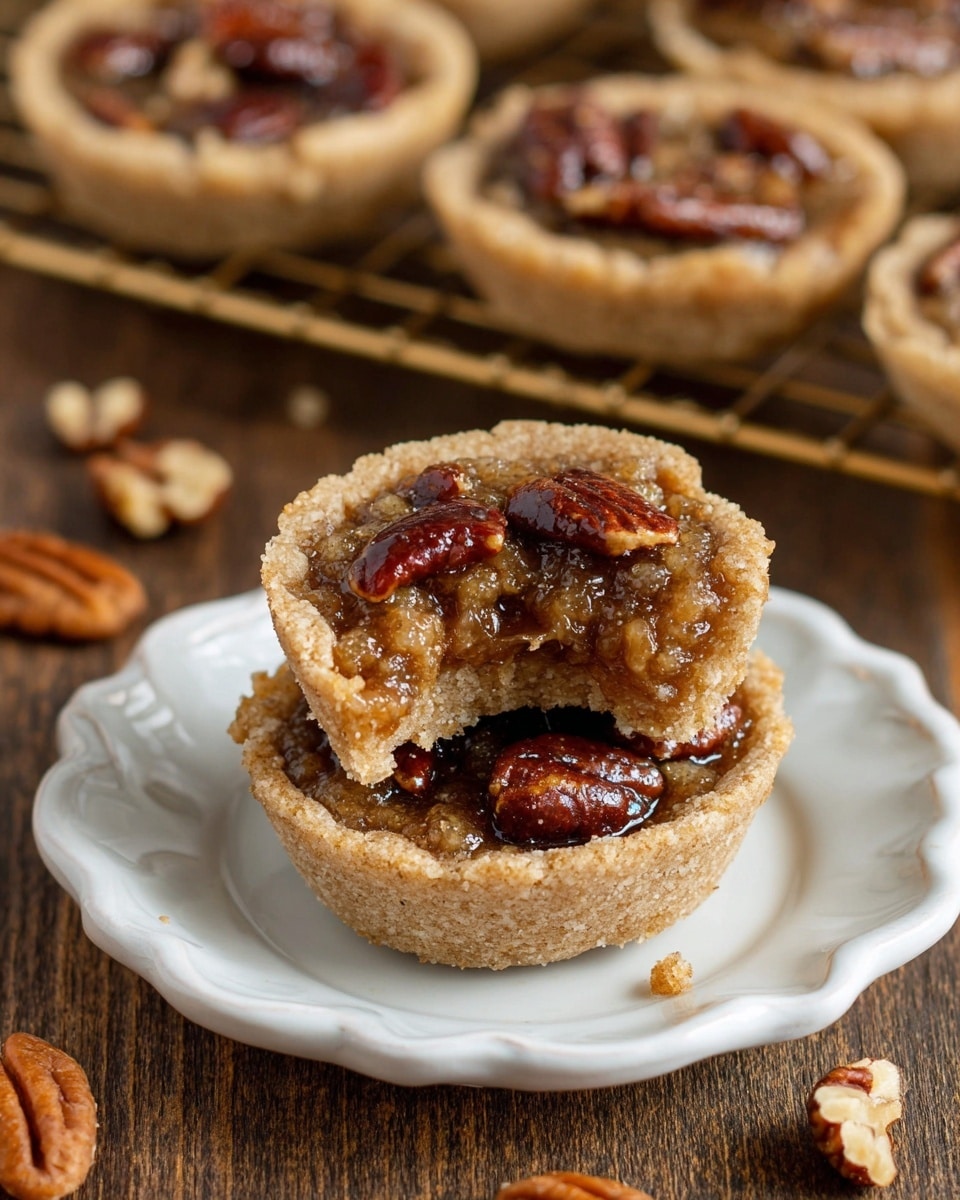 The image shows two small round pecan tart cookies stacked on a white scalloped plate placed on a wooden surface. Each tart has two layers: the bottom layer is a light brown, crumbly cookie base with a slightly rough texture, and the top layer is a glossy, caramel-like filling studded with large, dark brown glossy pecan pieces. One tart has a bite taken out of it, revealing the soft, crumbly inside of the cookie base. In the background, more tarts are seen on a bronze cooling rack with a wooden surface underneath. Scattered around are some whole and broken pecans. photo taken with an iphone --ar 4:5 --v 7