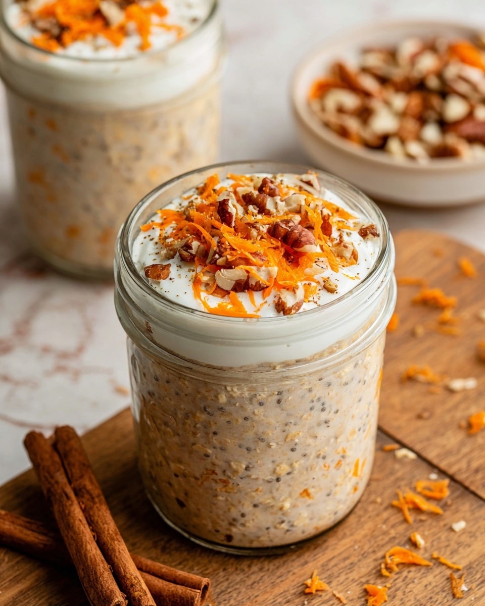 A close-up image of a spoon holding a creamy dessert with three visible layers: the bottom layer is a textured mix of beige oats, chia seeds, and orange carrot shreds; the middle layer is thick white creamy yogurt covering part of the oat mixture; the top layer shows bright orange grated carrot sprinkled over the yogurt. The spoon is lifted above a glass jar filled with the same dessert, set on a white marbled surface, with some bits of carrot around. photo taken with an iphone --ar 4:5 --v 7