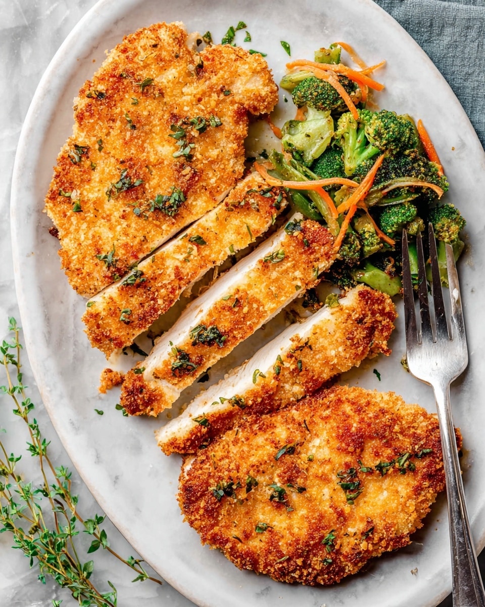 Three pieces of golden-brown breaded chicken breast lie on a white baking tray lined with parchment paper, each piece showing a crispy, crumbly texture with browned spots and crunchy bits scattered around. The chicken has an uneven, rugged surface with some areas darker and crispier, suggesting it is well cooked and crunchy on the outside. The white baking tray rests on a white marbled surface. photo taken with an iphone --ar 4:5 --v 7