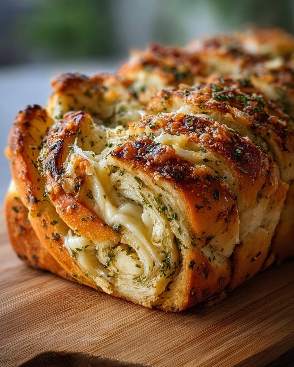 The image shows a close-up of a sliced garlic bread loaf. The bread has several layers: the outer crust is golden brown and crispy with a glistening, slightly oily texture, sprinkled with chopped green herbs. Inside, the soft dough layers are white and fluffy, swirled with a creamy garlic butter filling mixed with finely chopped herbs. The loaf is placed on a wooden board, and the background is a white marbled texture. Photo taken with an iphone --ar 4:5 --v 7