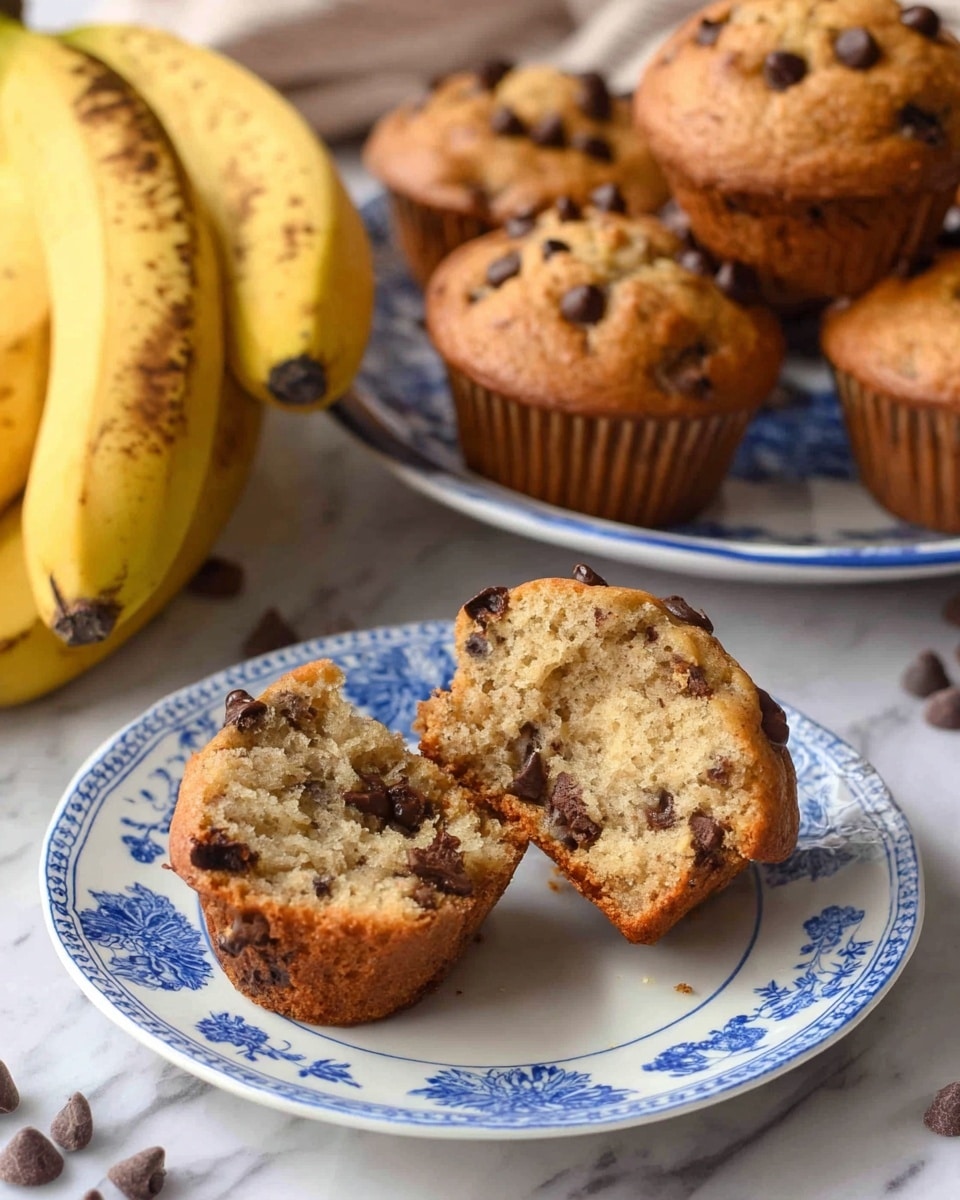 The image shows a close-up of a broken chocolate chip banana muffin with a soft, moist beige inside and dark chocolate chips scattered throughout, placed on a white plate with blue floral patterns. In the background, several whole muffins with golden-brown tops dotted with chocolate chips sit on another white plate with blue floral designs. To the left, a bunch of ripe bananas with some brown spots lean against the side, adding a fresh fruit touch. The scene is set on a white marbled surface with a few chocolate chips scattered around, enhancing the homemade feel. photo taken with an iphone --ar 4:5 --v 7