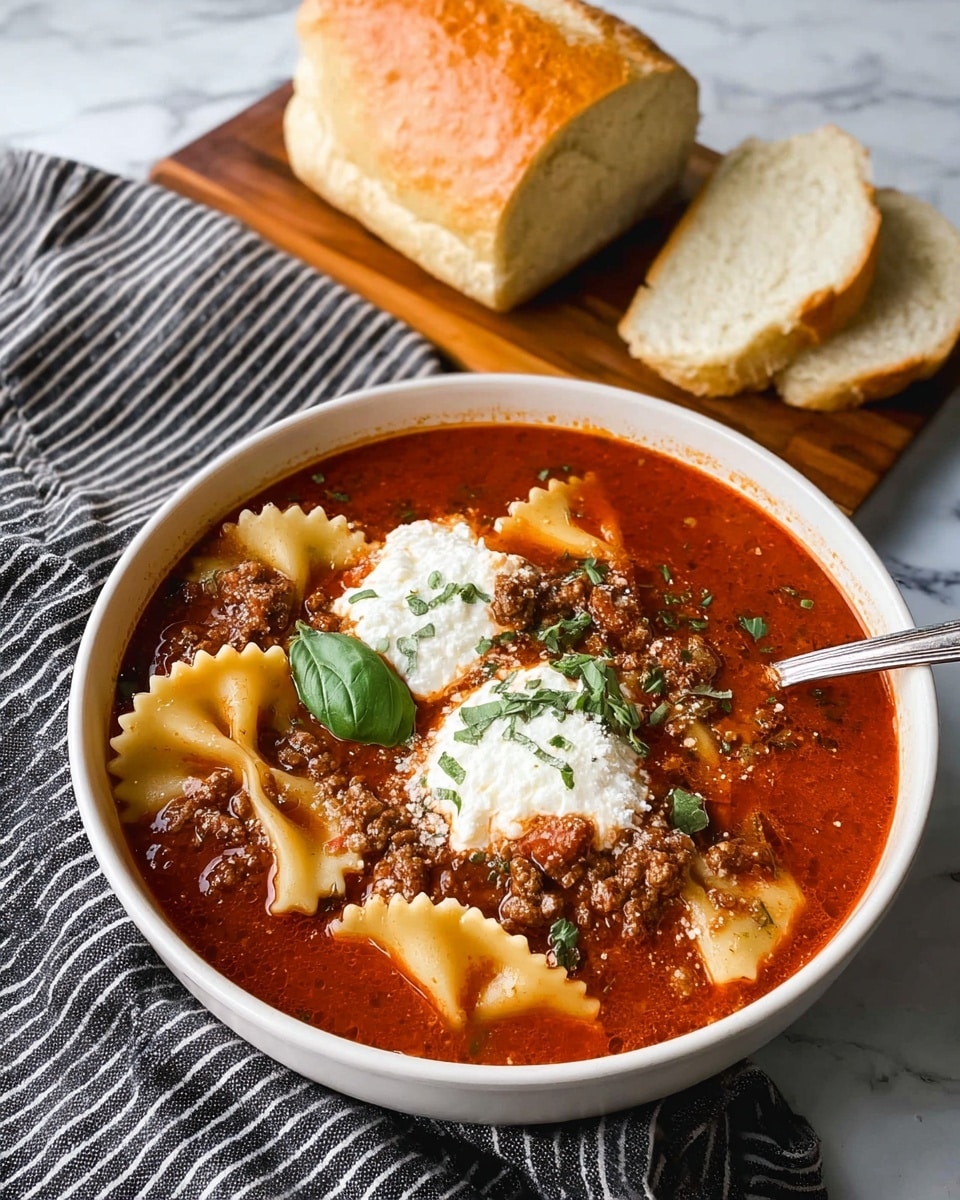 A white bowl filled with lasagna soup showing three layers of wide, wavy-edged pasta pieces floating in a thick, rich red tomato broth with small chunks of browned ground meat scattered throughout. On top, two dollops of creamy white ricotta cheese sit near the center, garnished with a few fresh green basil leaves and small bits of chopped herbs sprinkled across the soup. A silver spoon rests inside the bowl on the right side, partially submerged. Behind the bowl, a wooden board holds a sliced loaf of crusty bread with a light golden-brown crust and soft pale interior. To the right of the bowl is a striped black and white cloth on a white marbled background. photo taken with an iphone --ar 4:5 --v 7