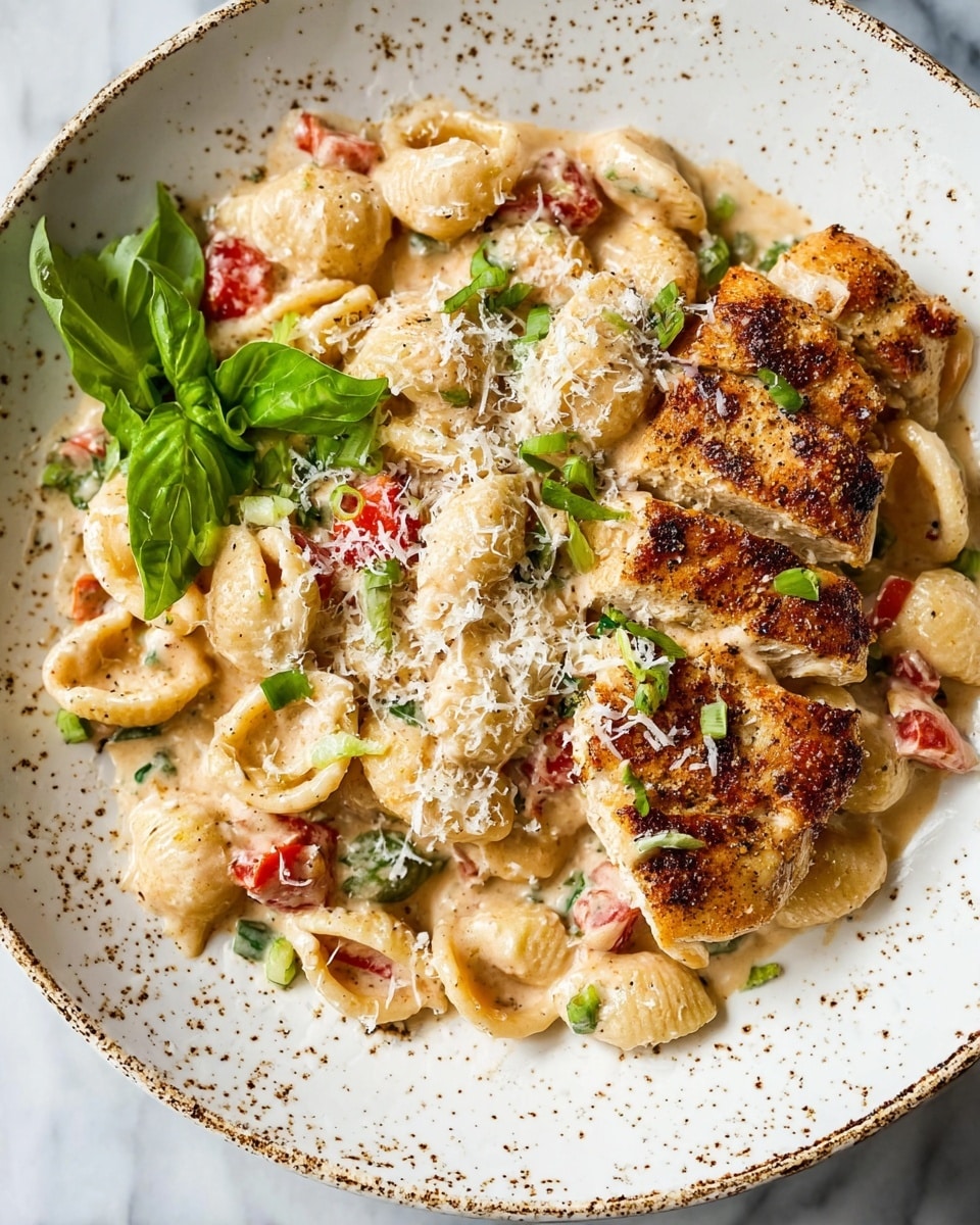 A large white plate with brown speckles holds a creamy pasta dish made of shell-shaped pasta coated in a light beige sauce. Mixed in are small pieces of red tomatoes and green scallions, adding pops of color. On the right side, there are two pieces of grilled chicken breast with a golden-brown crust, also covered with the creamy sauce. The dish is topped with finely grated white cheese and garnished with fresh green basil leaves on the left. The plate rests on a white marbled surface. photo taken with an iphone --ar 4:5 --v 7