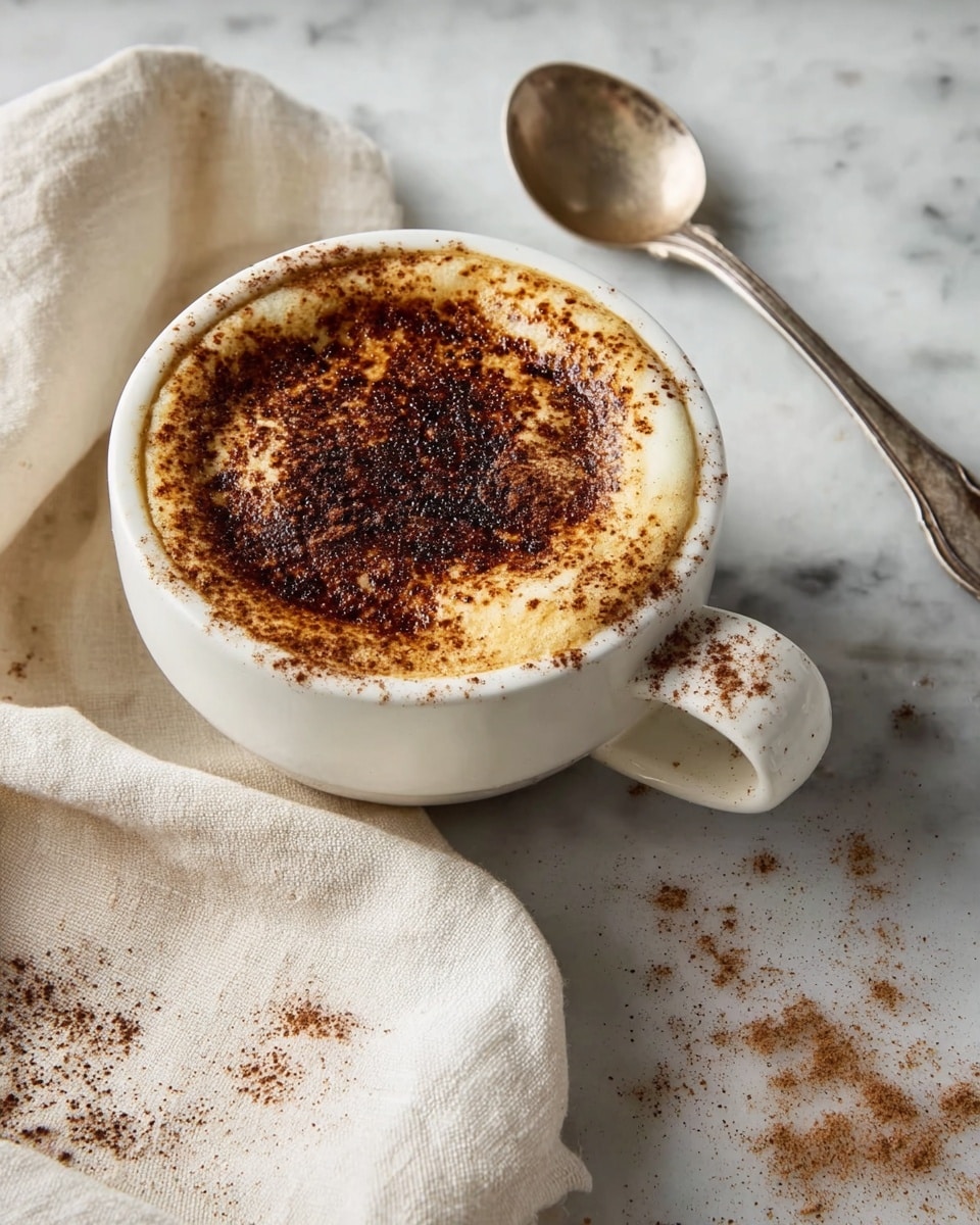 A white cup filled with a creamy drink topped with a thick layer of frothy milk sprinkled with a dense, dark brown spice powder that covers most of the surface. The cup handle has some of the powder on it. Next to the cup is an old silver spoon resting on a cream-colored cloth napkin. The scene is set on a white marbled texture with some scattered brown spice powder visible on the surface nearby. Photo taken with an iphone --ar 4:5 --v 7