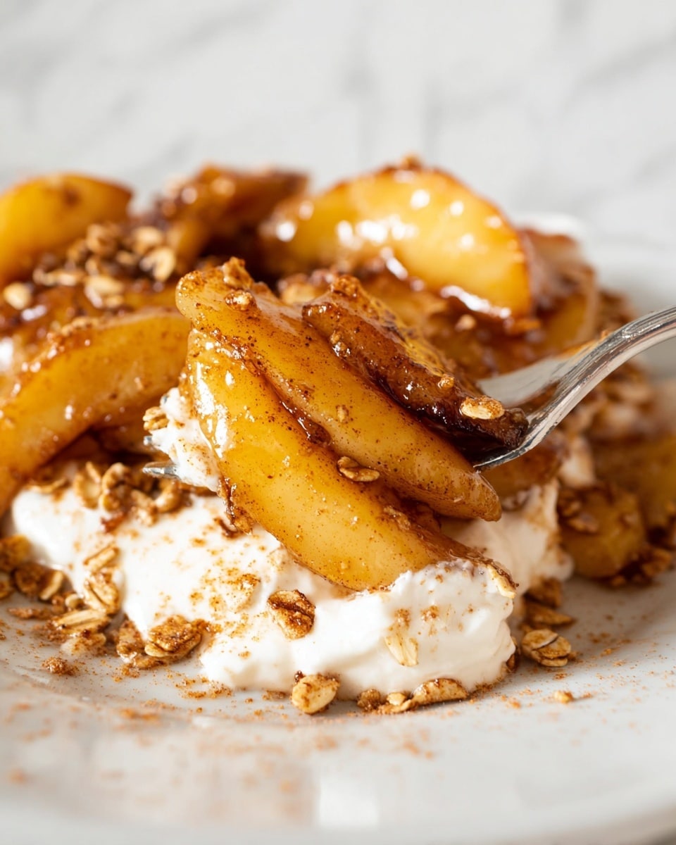 The image shows close-up caramelized apple slices coated with a glistening, cinnamon-spiced sauce and sprinkled with oat flakes, arranged in layers on a white plate. The apple pieces are golden brown with some darker edges where they are cooked more. A silver fork holds one apple slice, revealing a creamy white layer of whipped cream or yogurt underneath the apples. The plate rests on a white marbled surface, and the overall texture shows a mix of soft cooked apples, crunchy oats, and smooth cream. photo taken with an iphone --ar 4:5 --v 7