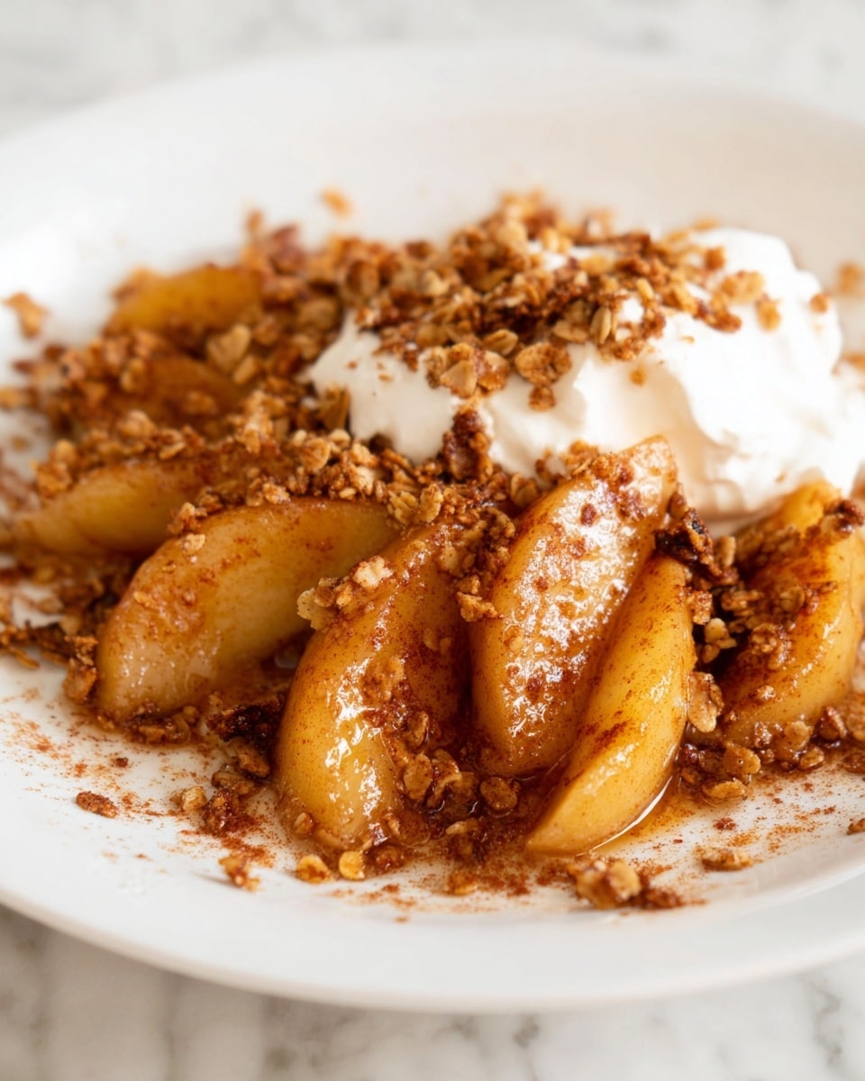 The dish shows a white plate filled with several thick, golden-brown cooked apple slices covered with a cinnamon spice dusting. On top of the apples, there are crunchy brown granola pieces scattered around, adding a rough texture. At the back of the plate, there is a dollop of plain white whipped cream, soft and fluffy with a smooth surface. The apples are glossy and juicy, with a slightly caramelized look, layered close together on the plate. The whole scene rests on a white marbled texture surface. photo taken with an iphone --ar 4:5 --v 7
