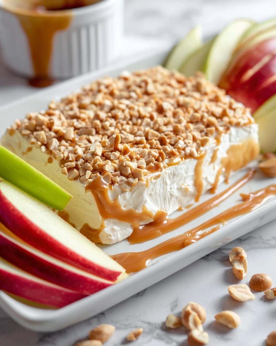 A white rectangular plate holds a layered dip with three visible layers: a bottom layer of creamy white spread, a middle layer of smooth caramel sauce dripping slightly on the sides, and a top layer of light brown chopped nuts covering the surface densely. Surrounding the dip on the plate are apple slices with red and green skin, cut into wedges and standing around the dip. The plate rests on a white marbled surface with scattered nuts around it. In the background, a white bowl with caramel dripping on its side is partially visible. photo taken with an iphone --ar 4:5 --v 7