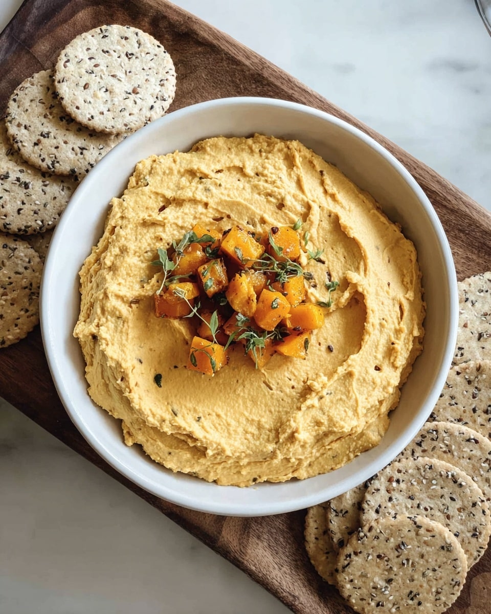 A white bowl holds a creamy, light orange hummus spread evenly inside with soft, smooth texture and swirls on the top layer. At the center, small bright orange roasted pumpkin cubes with a sprinkling of black pepper and a few green thyme sprigs create a colorful garnish. The bowl sits on a wooden board surrounded by round, seeded crackers on a white marbled surface. A green leafy plant in a pot and a beige cloth with an embroidered design are in the blurred background. photo taken with an iphone --ar 4:5 --v 7