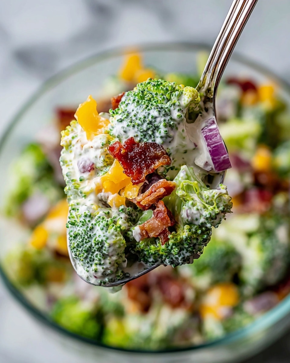 A close-up of a spoonful of broccoli salad shows three main layers: bright green broccoli florets covered in creamy white dressing, small chunks of yellow cheddar cheese sitting on top, and crispy reddish-brown bacon bits scattered around. Thin slices of purple-red onion add color and texture mixed with the dressing. The spoon is held over a clear glass bowl filled with more of the same salad, set on a white marbled surface. Photo taken with an iphone --ar 4:5 --v 7