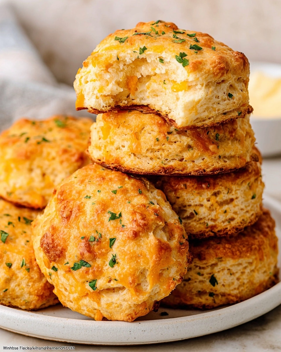 A white plate holds a stack of seven golden brown biscuits with a slightly rough texture and small bits of melted cheese inside, topped with small green parsley flakes. The biscuits are puffy and thick with visible flaky layers, arranged in a casual pile. Partially visible in the background is a white bowl filled with light beige gravy, sitting on a white marbled surface. A dark blue cloth with stitched edges softens the background on the right side. photo taken with an iphone --ar 4:5 --v 7