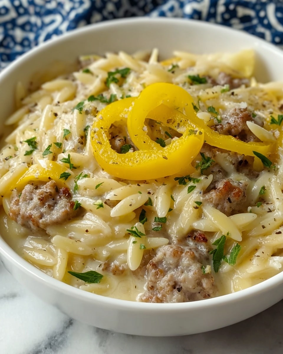 A close-up view of a creamy pasta dish in a white bowl shows small pieces of orzo pasta mixed with crumbled cooked sausage in a light cream sauce. On top, there are several slices of bright yellow pepper and scattered green parsley leaves, adding a fresh color contrast. The sauce looks smooth with a slight shine, and the sausage pieces are browned and textured. The dish rests on a white marbled surface with a blue patterned cloth partially visible in the background. photo taken with an iphone --ar 4:5 --v 7