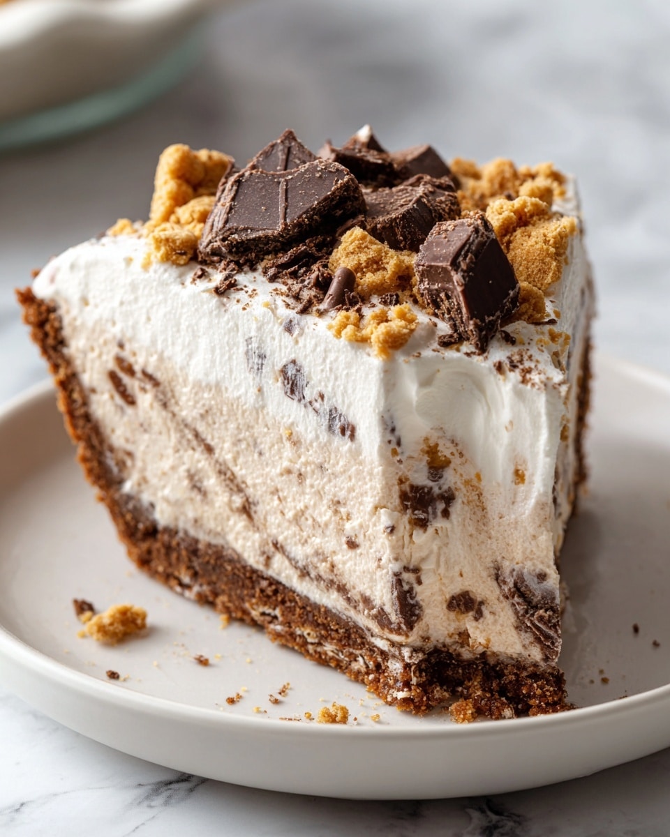 A close-up of a slice of pie with four visible layers, on a white plate against a white marbled surface. The bottom layer is a thick, brown crust that looks crumbly. Above the crust is a creamy, light beige layer mixed with small pieces of chocolate or nuts. The next layer is a thick, white cream with some more bits mixed in. The top layer is a smooth, white cream topped with crumbled golden cookie pieces and larger chunks of dark brown chocolate. Photo taken with an iphone --ar 4:5 --v 7