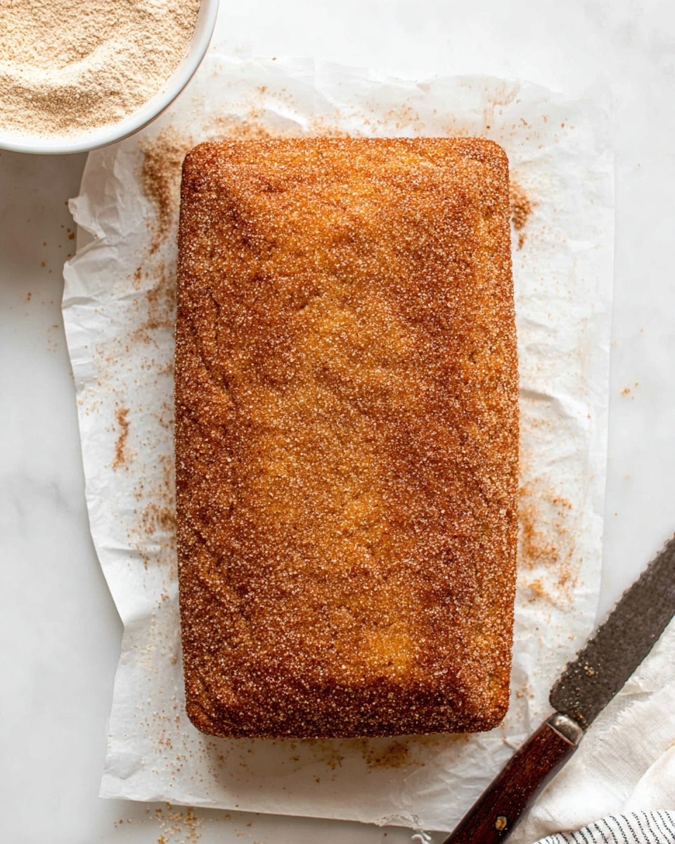 A rectangular cinnamon sugar-coated cake sits on white parchment paper on top of a white marbled surface. The cake has a rough, golden brown crust with a textured layer of cinnamon sugar visible all over the top and sides. To the right side of the cake, there is an old knife with a dark wooden handle resting on the surface. In the upper left corner, part of a white bowl filled with a light beige powder is visible, adding more context to the baking scene. photo taken with an iphone --ar 4:5 --v 7