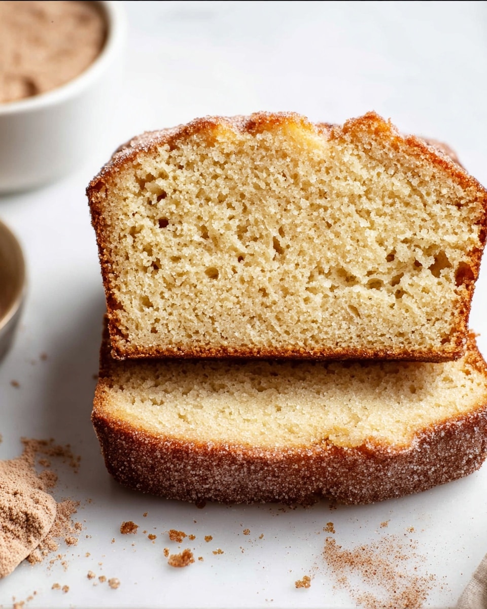 Two slices of light golden brown cake with a soft, moist texture and small air holes inside are stacked on a white marbled surface. The top slice shows the crumbly interior, while the bottom slice’s crust is dusted with sugar and cinnamon, giving it a slightly rough texture. There are scattered crumbs around the slices, adding to the homemade feel. To the left, part of a white bowl with a brownish powder is slightly visible. photo taken with an iphone --ar 4:5 --v 7