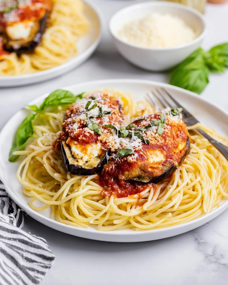 A slice of baked eggplant parmesan is being lifted from a white rectangular baking dish set on a white marbled surface. The dish has several thick layers starting with roasted dark purple eggplant slices, followed by a rich, chunky red tomato sauce mixed with small green herb bits, and topped with a thick layer of melted golden-brown cheese that is bubbly and slightly browned with some stretchy cheese strings hanging down. The top cheese layer is glossy and uneven with rich orange and light brown spots, showing a baked texture with herbs sprinkled on top. photo taken with an iphone --ar 4:5 --v 7