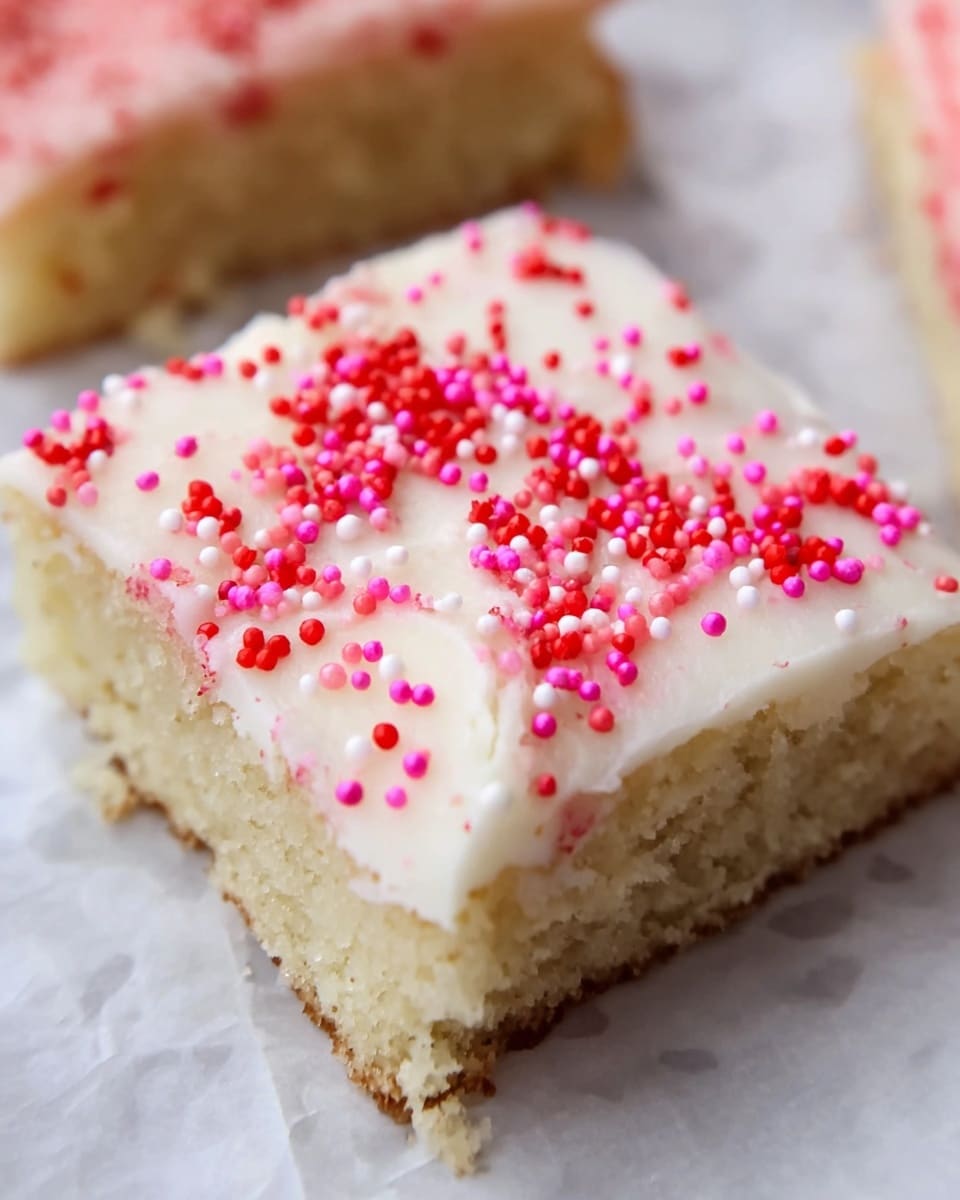 A close-up view of a square cake piece with two visible layers: the bottom layer is a light beige, soft, and crumbly cake, while the top layer is a smooth white frosting thickly spread over it. The frosting is decorated with small round sprinkles in bright pink and red colors scattered evenly over the surface. The cake sits on a white marbled texture with another piece of cake partially visible in the background. photo taken with an iphone --ar 4:5 --v 7