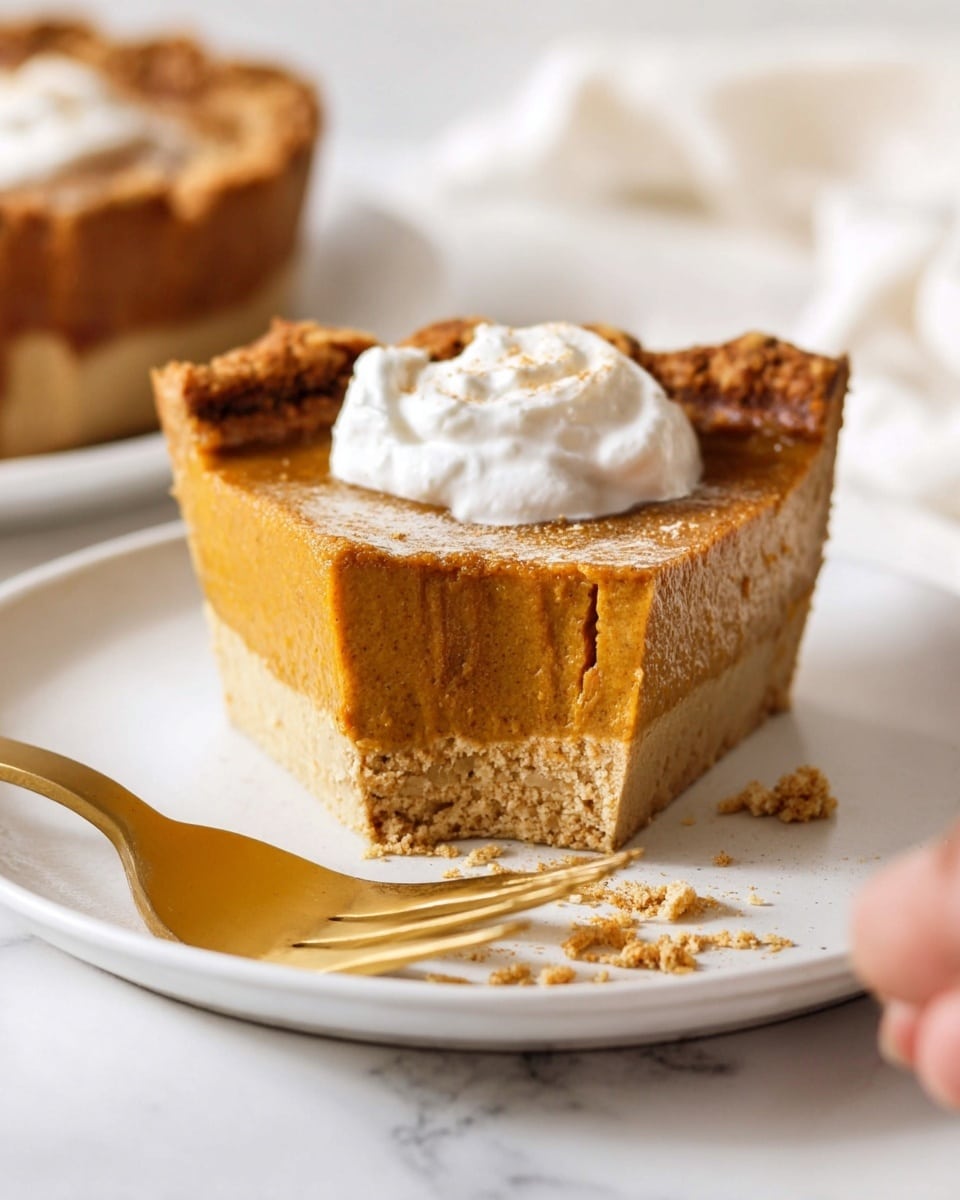 A slice of pumpkin pie with a golden-brown, slightly cracked filling sits on a white plate. The pie has a thick, crimped crust with a light tan color. On top of the pumpkin layer, near the center, there is a dollop of white whipped cream. A shiny gold fork is placed to the left of the pie slice, resting partly beneath it. The plate is set on a white marbled surface. Photo taken with an iphone --ar 4:5 --v 7
