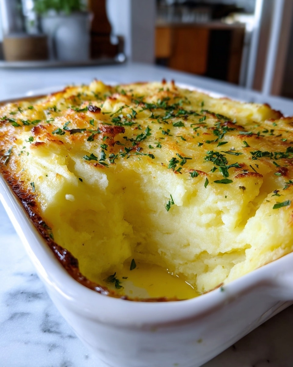 This image shows a close-up of a creamy, baked dish in a white baking dish. The top layer is golden yellow with slightly browned edges, indicating melted cheese or butter baked to a crisp. Underneath, there is a thick, soft layer of light yellow mashed potatoes with a smooth, fluffy texture. The surface is sprinkled with green herbs, adding color and freshness. The dish is placed on a white marbled surface, and a blurred kitchen background can be seen behind it. photo taken with an iphone --ar 4:5 --v 7