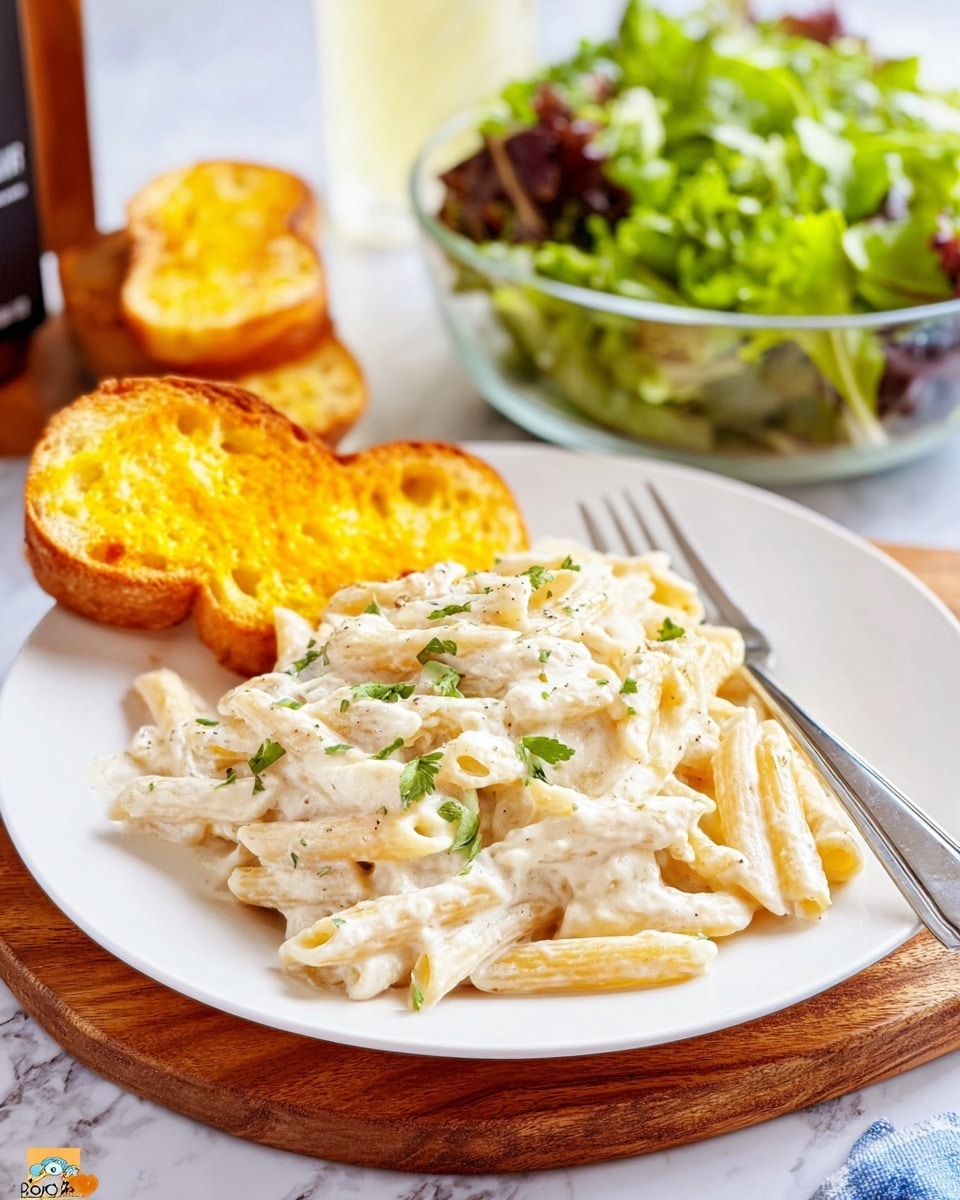A white plate holds a creamy pasta dish with penne pasta coated in a rich white sauce sprinkled with small green herb bits, creating a soft and thick texture on top. To the back left of the plate, two golden yellow pieces of toasted bread lean against each other, showing a crunchy surface. In the background, there is a clear glass bowl filled with fresh mixed green leafy salad. The plate sits on a wooden board, which is placed on a white marbled textured surface. A silver fork rests on the right edge of the plate. photo taken with an iphone --ar 4:5 --v 7