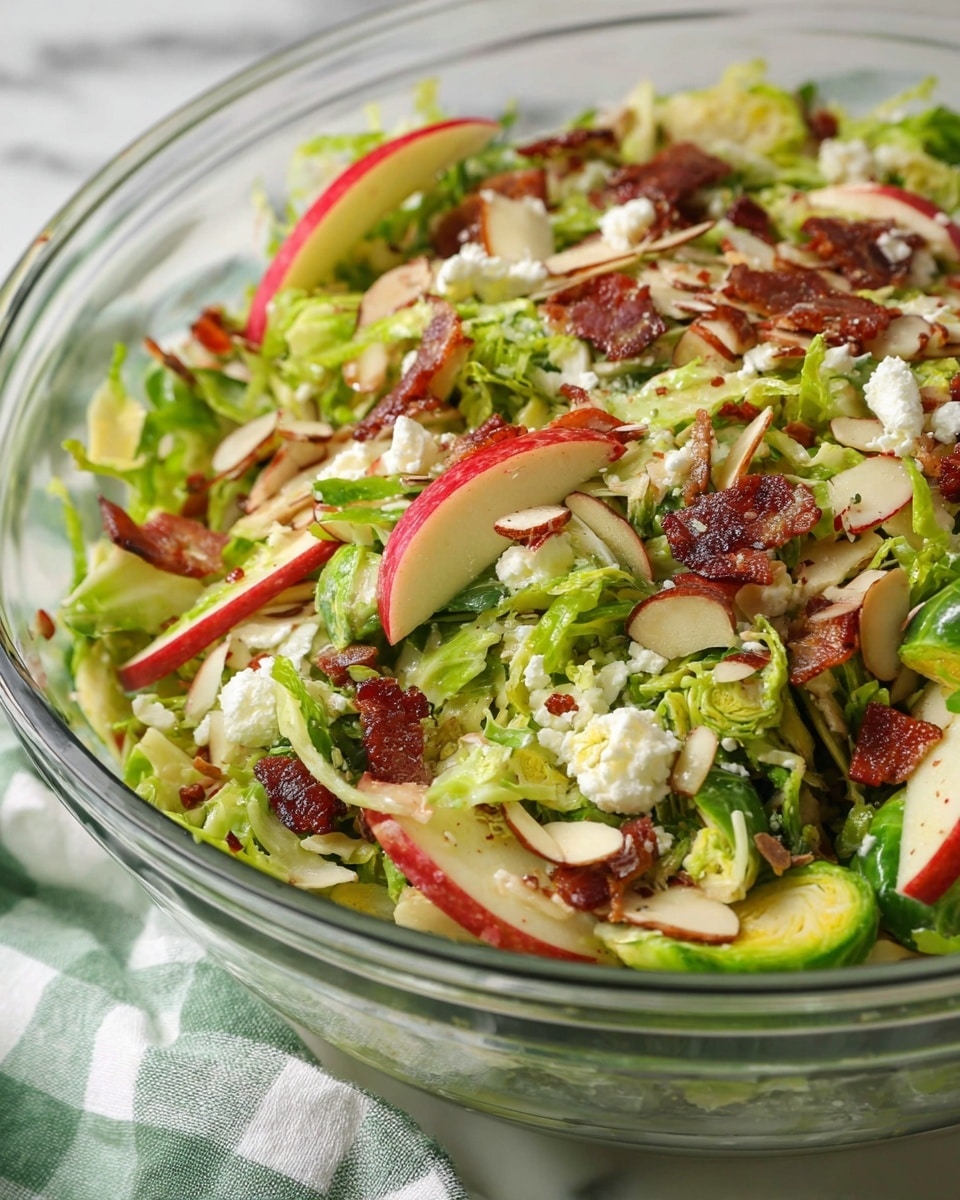 A close-up view of a clear glass bowl filled with a fresh green salad showing multiple layers: thinly sliced light green Brussels sprouts forming the base, bright red-skinned apple slices with white flesh scattered on top, small pieces of crispy dark brown bacon spread throughout, crumbly white cheese sprinkled over, and thinly sliced almonds mixed in; the salad looks lightly seasoned with pepper flakes visible. The bowl is placed on a white marbled surface with a green and white checkered cloth partially visible underneath. photo taken with an iphone --ar 4:5 --v 7
