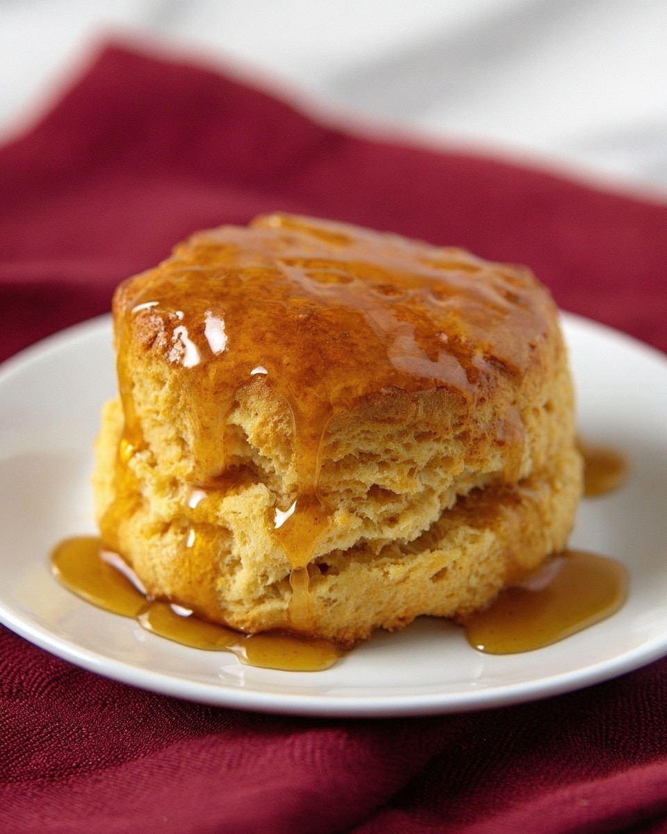 The image shows a single, thick, golden-brown biscuit on a white plate placed on a folded deep red cloth. The biscuit has two visible rough, fluffy layers with a soft texture and small air holes. It is topped with thick, golden syrup that glistens and drips down the sides, adding a sticky, shiny appearance to the biscuit. The surface beneath the cloth has a white marbled texture. photo taken with an iphone --ar 4:5 --v 7