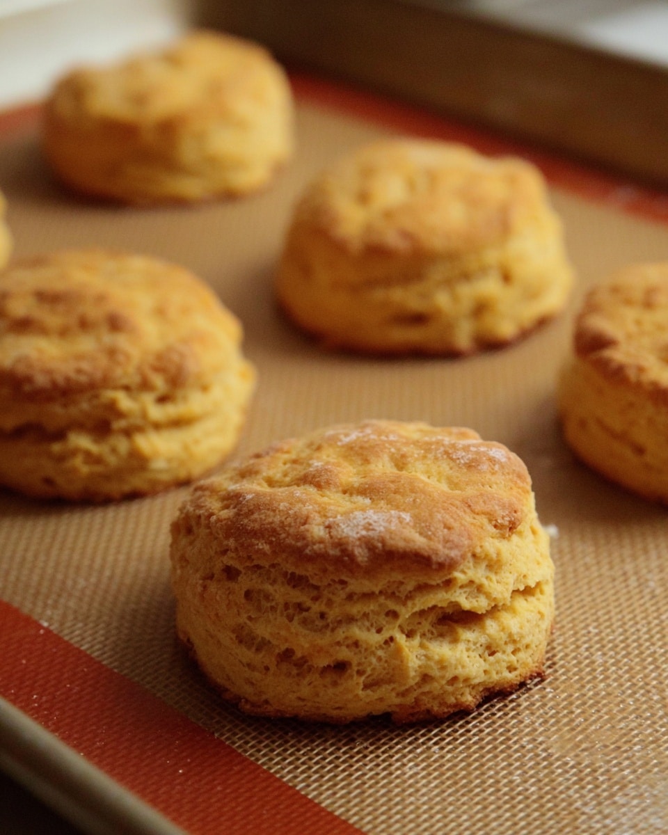 The image shows several golden brown biscuits on a baking sheet lined with a textured mat. Each biscuit has a rough, uneven surface with visible layers and slight cracks, showing a soft and crumbly texture inside. The biscuits are rounded and slightly tall, standing out clearly against the light brown mat and the edges of the baking sheet. The background is softly blurred, keeping the focus on the warm-colored biscuits that look freshly baked and ready to eat. photo taken with an iphone --ar 4:5 --v 7