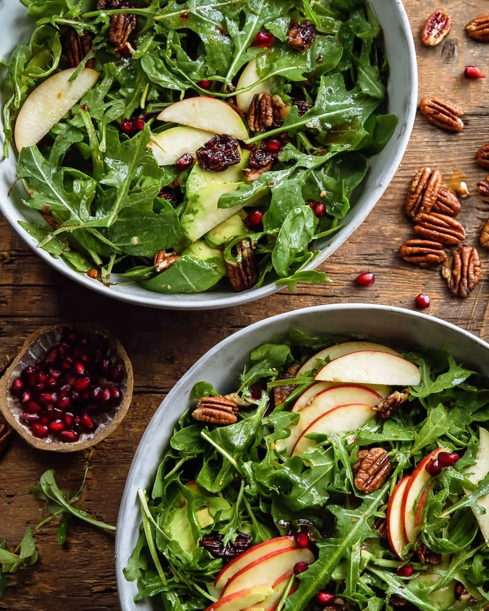 Two white bowls filled with fresh green arugula leaves form the base layer, giving a vibrant green color and leafy texture. Thin, curved slices of red-skinned apple are scattered throughout the salad, adding a light red and cream contrast. Small clusters of dark brown pecans are visible, adding crunchy texture and a rich brown hue. There are also pieces of light green avocado and tiny red pomegranate seeds spread unevenly on top, adding splashes of color and juicy texture. The bowls are placed on a wooden surface with a few scattered pomegranate seeds and pecans nearby. photo taken with an iphone --ar 4:5 --v 7