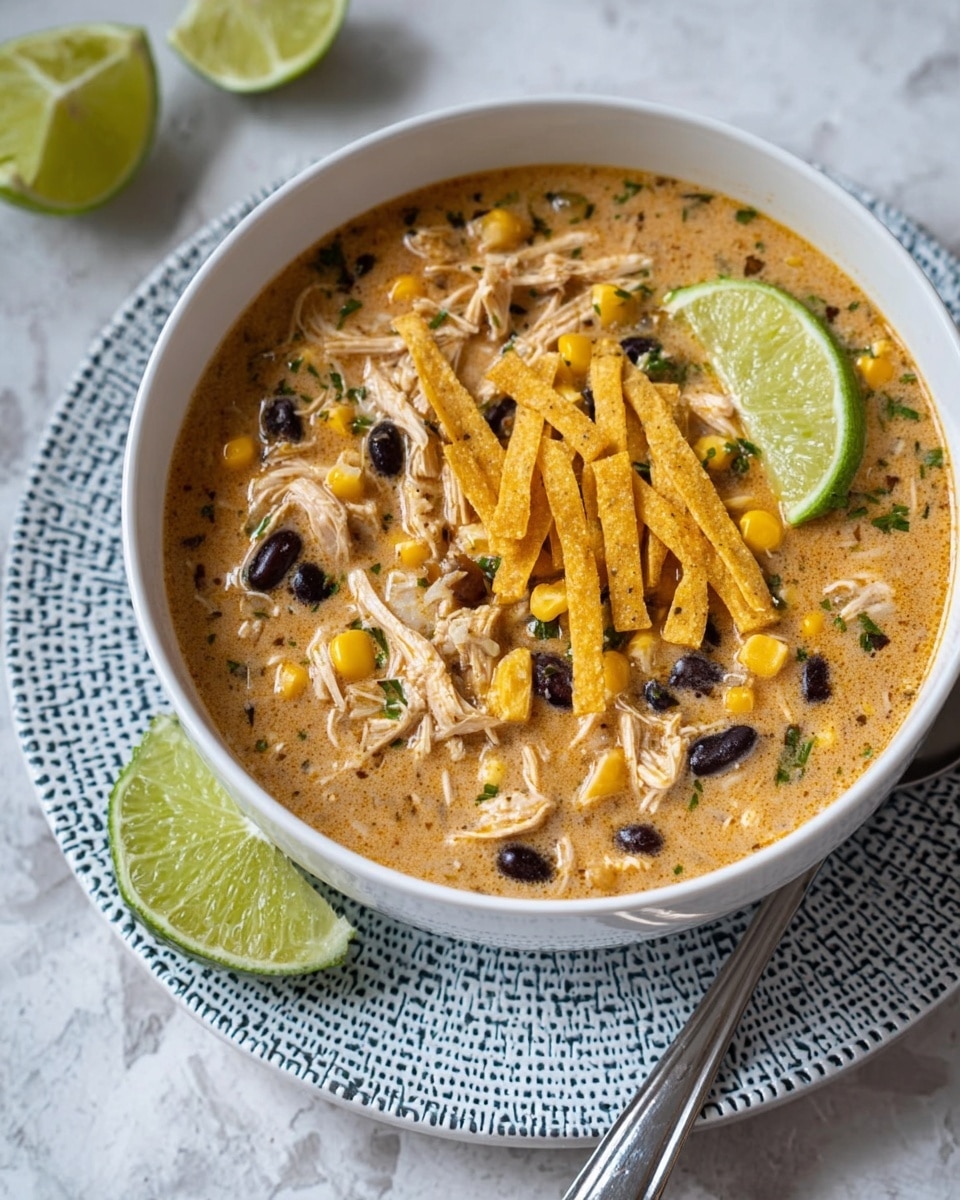 A white bowl filled with creamy chicken soup that has visible shredded chicken, black beans, and yellow corn kernels spread evenly through the light brown broth; on one side, there are two fresh lime wedges leaning against the edge, and on the opposite side, a small pile of thin, crispy yellow corn strips rests on top of the soup; the bowl sits on a textured white plate with blue patterns, placed on a white marbled surface with a silver spoon beside it. photo taken with an iphone --ar 4:5 --v 7