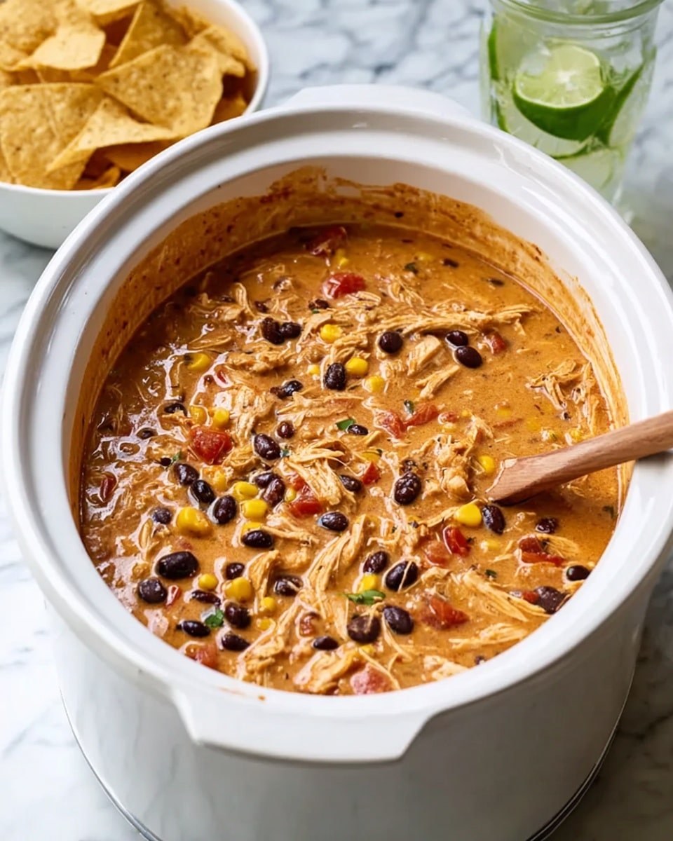 A white slow cooker filled with thick, creamy orange-brown stew containing shredded chicken, black beans, yellow corn, and small chunks of red tomatoes, with a wooden spoon partially stirring on the right side inside the cooker. In the background, there is a white bowl filled with light brown tortilla chips and a clear glass with ice and lime slices on a white marbled surface. photo taken with an iphone --ar 4:5 --v 7