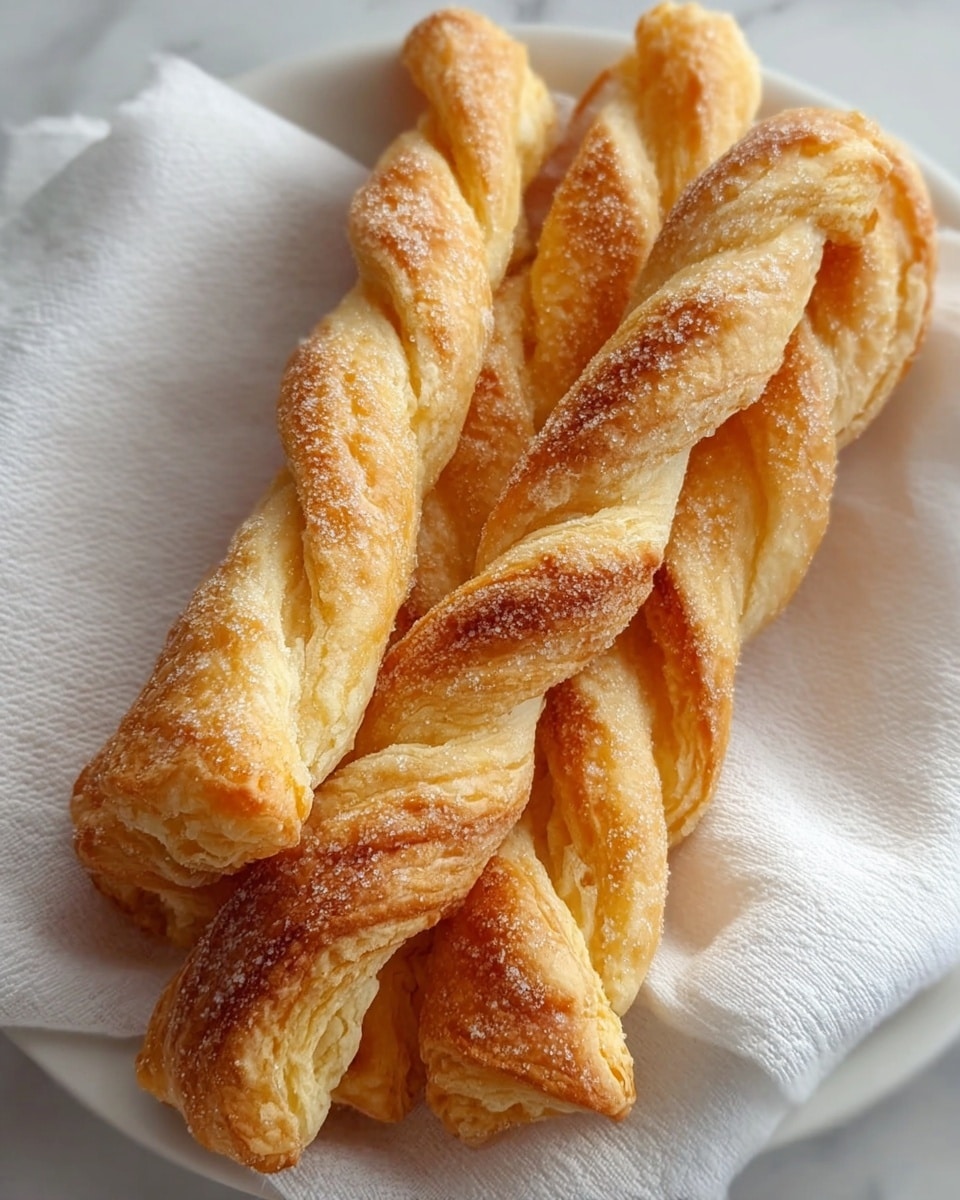 A close-up view of five twisted golden-brown puff pastry sticks stacked on a white plate lined with a white cloth, each stick showing flaky layers with a slightly crispy texture and a light dusting of sugar crystals, all placed on a white marbled surface. photo taken with an iphone --ar 4:5 --v 7