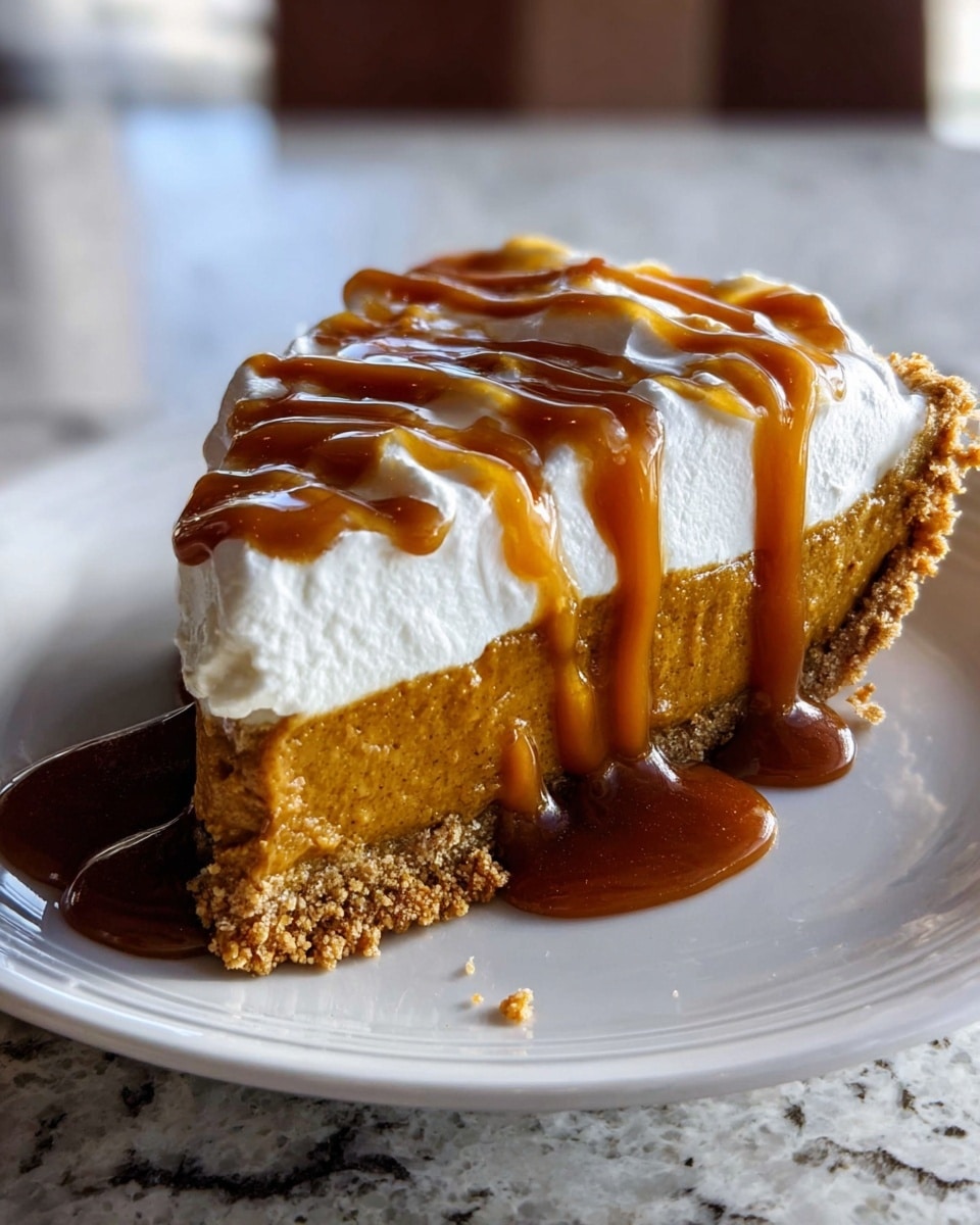 A close-up of a three-layer dessert slice on a white plate with a white marbled background. The bottom layer is a crumbly brown crust, the middle layer is thick and white with a smooth texture, and the top layer is orange, creamy with caramel drizzle dripping down the sides. The caramel is shiny and slightly thick, creating a rich glossy look on top. Photo taken with an iphone --ar 4:5 --v 7