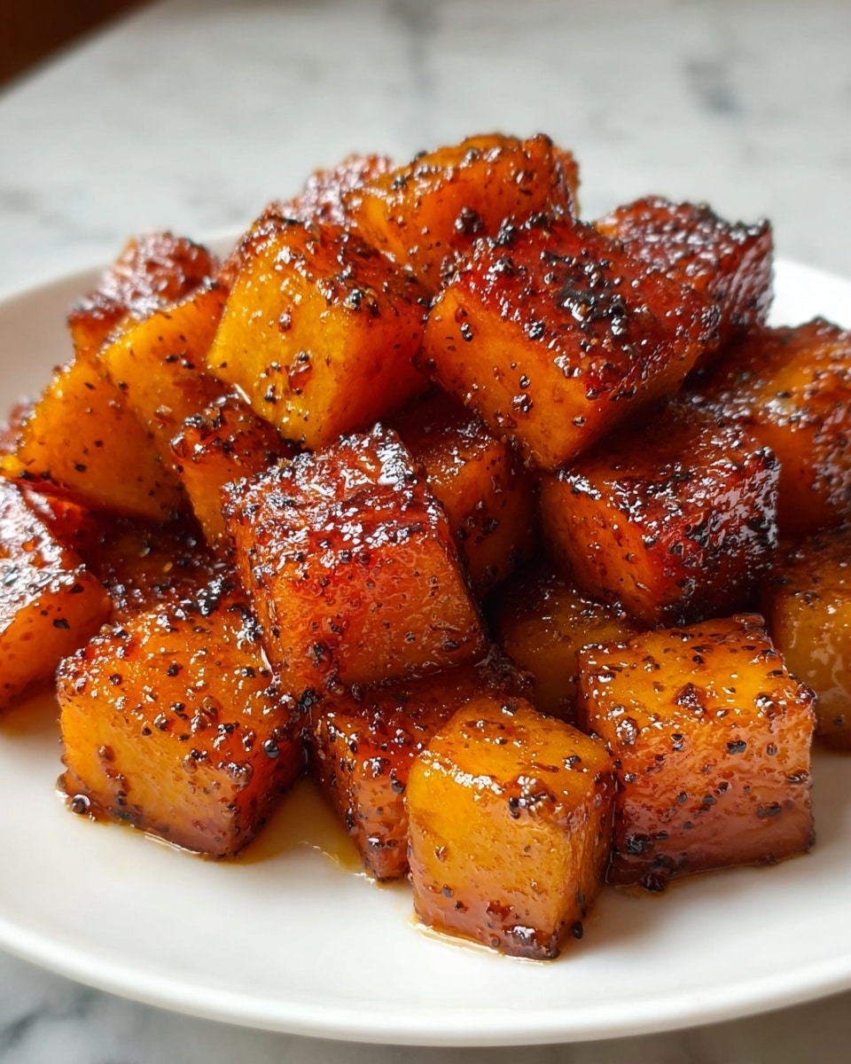 A pile of glossy, caramelized orange-brown cubes stacked on a smooth white plate, each cube showing a crispy, slightly burnt outer layer sprinkled with black pepper flakes, giving a textured and uneven surface that reflects light, suggesting a sticky glaze coating; the cubes are closely packed in a loose mound, sitting on a white marbled texture. photo taken with an iphone --ar 4:5 --v 7
