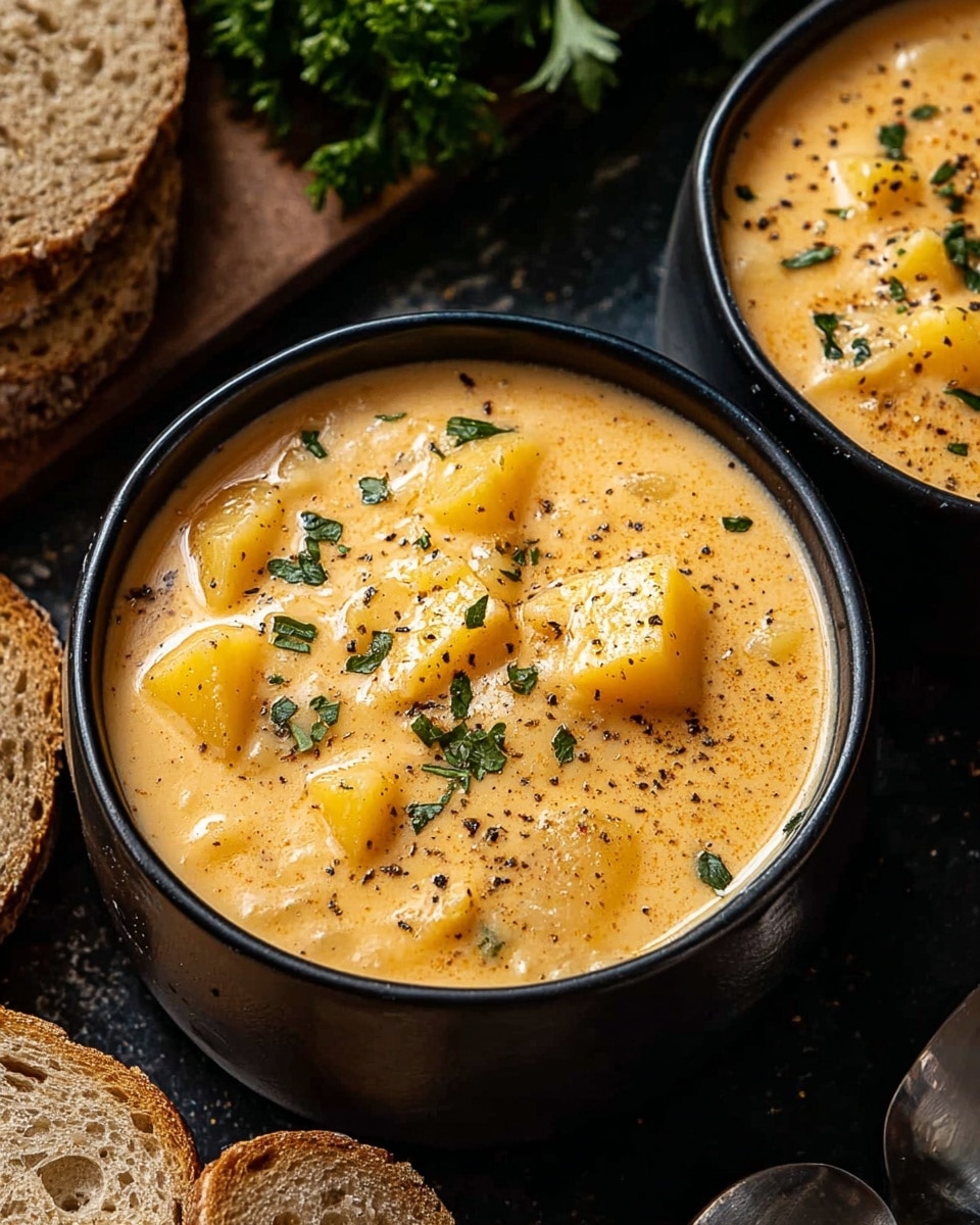 The image shows two bowls of thick, creamy, light orange soup filled with chunks of yellow potatoes. The soup has small pieces of green herbs and is sprinkled with black pepper on top. The bowls are black and sit on a dark surface with rough textures, surrounded by pieces of sliced bread and a bit of green leafy garnish in the background. The light creates a soft shine on the soup, making it look warm and inviting. Photo taken with an iphone --ar 4:5 --v 7