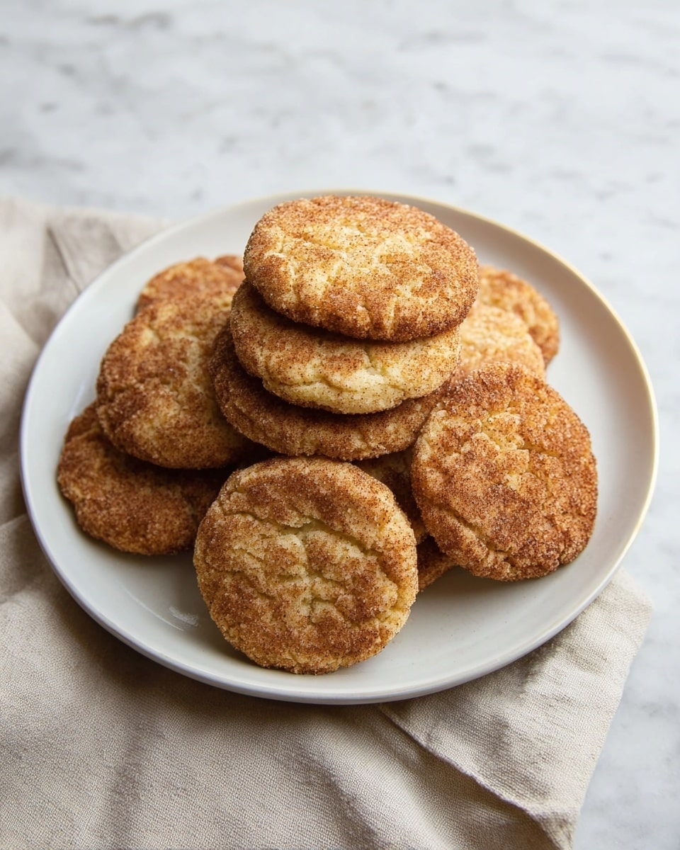 A white plate on a white marbled surface holds a stack of eight round cookies arranged in a loose pile, showing a crumbly texture and a light golden-brown color with a slightly cracked surface. The cookies have a rough, grainy coating of sugar or cinnamon that adds a darker tone to some areas while the softer inside shows through the cracks. The plate has a simple rim detail, and a light beige cloth is partially visible under the bottom left side of the plate. photo taken with an iphone --ar 4:5 --v 7