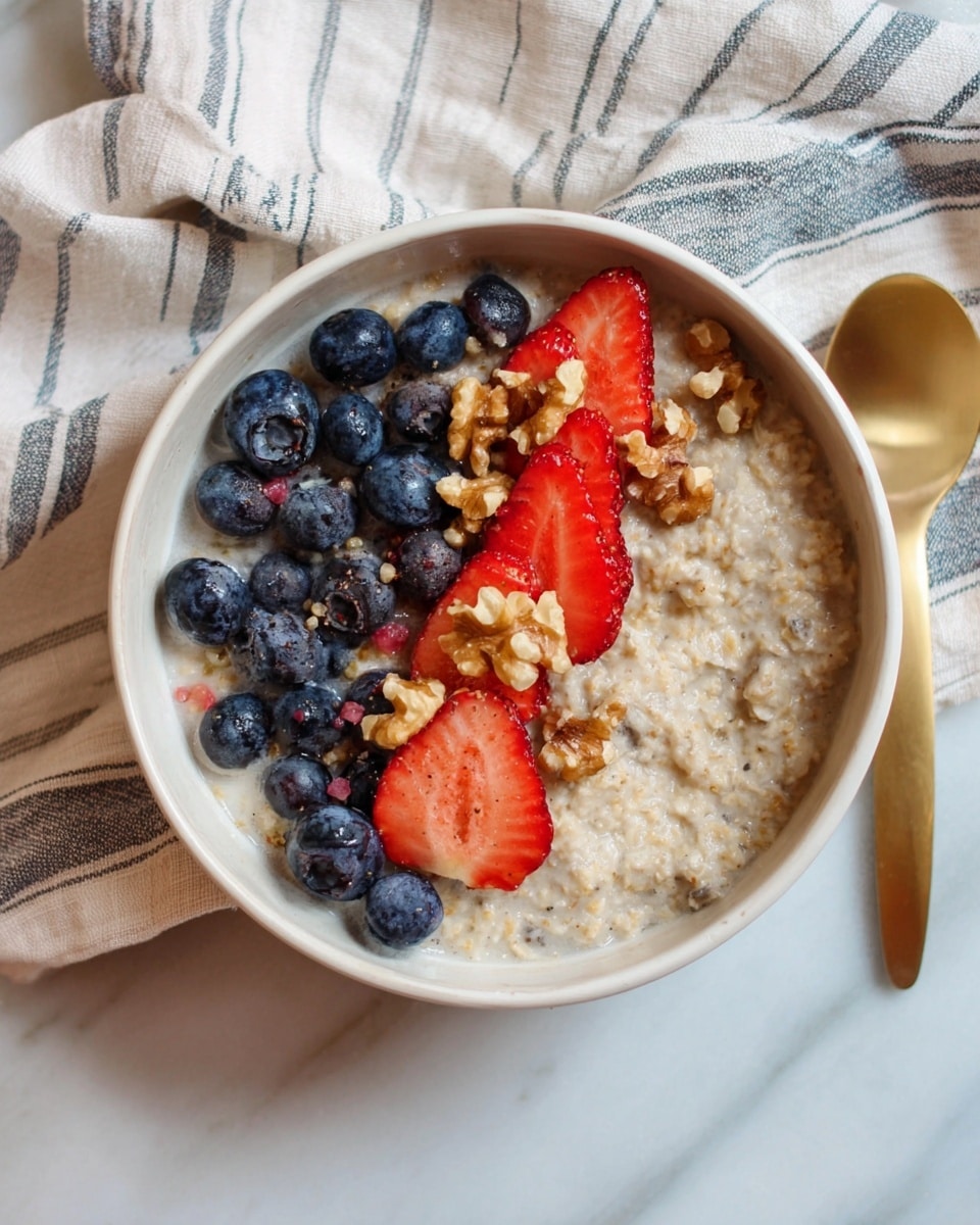 The image shows a close-up top view of creamy oatmeal in a round light pink pot with two handles. The oatmeal is thick and textured with visible oat grains mixed throughout in a pale beige color. The pot rests on a white and grey striped cloth over a smooth white marbled surface. The scene is well lit with soft natural light highlighting the creamy texture of the oatmeal. photo taken with an iphone --ar 4:5 --v 7