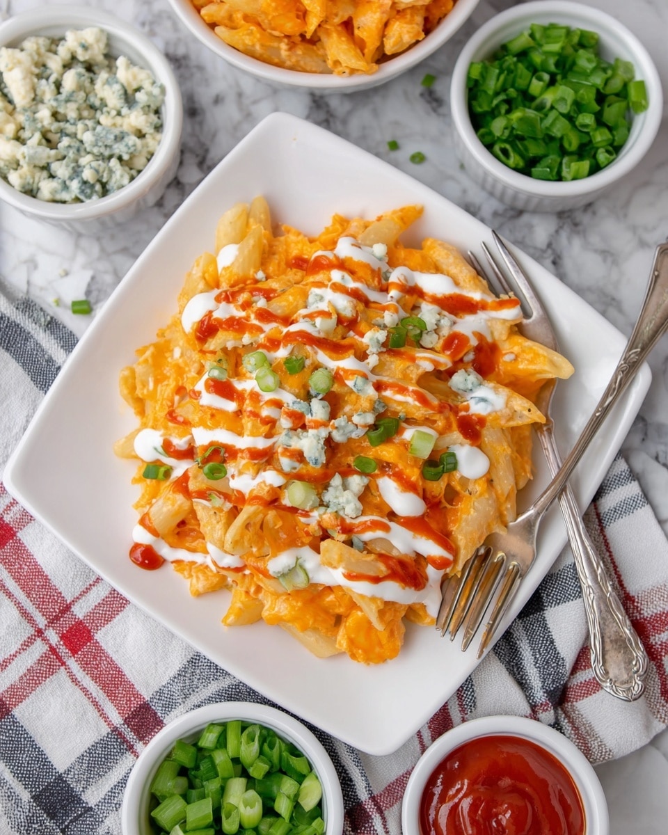 A white plate holds a layered dish of creamy orange pasta mixed with melted cheddar cheese, topped with drizzles of white ranch sauce and bright red hot sauce. Small green onion pieces and bits of blue cheese are scattered on top, adding pops of green and pale blue. The pasta pieces are largely penne shaped, coated thoroughly in sauce and cheese, giving a rich, soft texture. A silver fork rests on the right edge of the plate. Surrounding the plate are small white bowls filled with chopped green onions, blue cheese crumbles, creamy white dressing, and red hot sauce, all placed on a white checkered cloth over a white marbled surface. photo taken with an iphone --ar 4:5 --v 7
