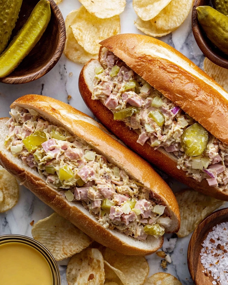 The image shows a sandwich with a single white hoagie bun sliced open and lightly toasted. Inside the bun, there is a chunky mixture filling made of finely chopped pieces that include yellow boiled eggs, pink ham, green pickles, and a creamy mustard-colored dressing, all mixed together with a slightly coarse texture. The sandwich is placed on a small white marbled tray lined with brown parchment paper, surrounded by light, crispy potato chips, and beside a small white bowl filled with smooth, bright yellow mustard. The scene is captured close-up, showing fine details of each ingredient. Photo taken with an iphone --ar 4:5 --v 7