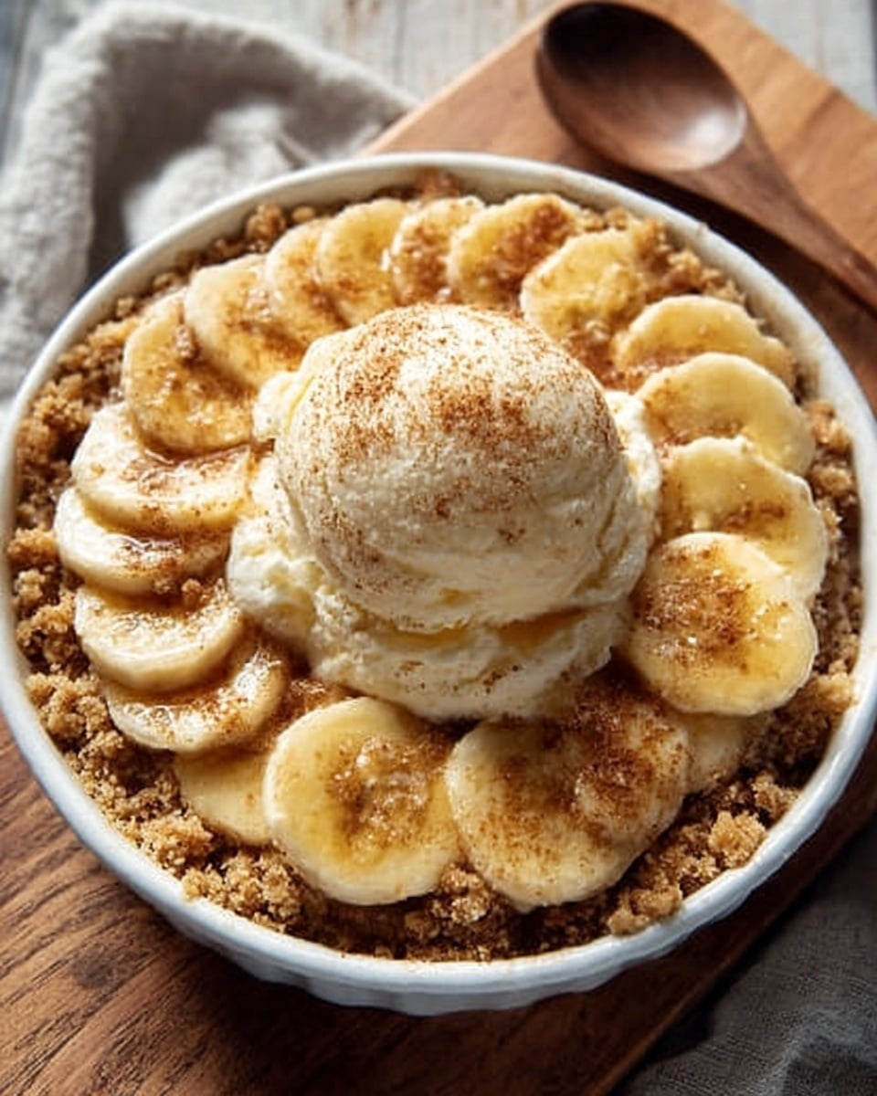 The dish is served in a white bowl filled with a textured, warm brown baked base that looks soft and crumbly. On top, several thick slices of banana with a light yellow color and smooth surface are spread evenly across the dish. Centered on the bananas is a dollop of white whipped cream that looks light and fluffy, with syrup drizzled over it and some banana slices, adding a shiny golden glaze. A silver spoon rests in the bowl backing into the dish. The bowl is placed on a surface with white marbled texture in soft focus, highlighting the warm tones and textures of the dessert. photo taken with an iphone --ar 4:5 --v 7
