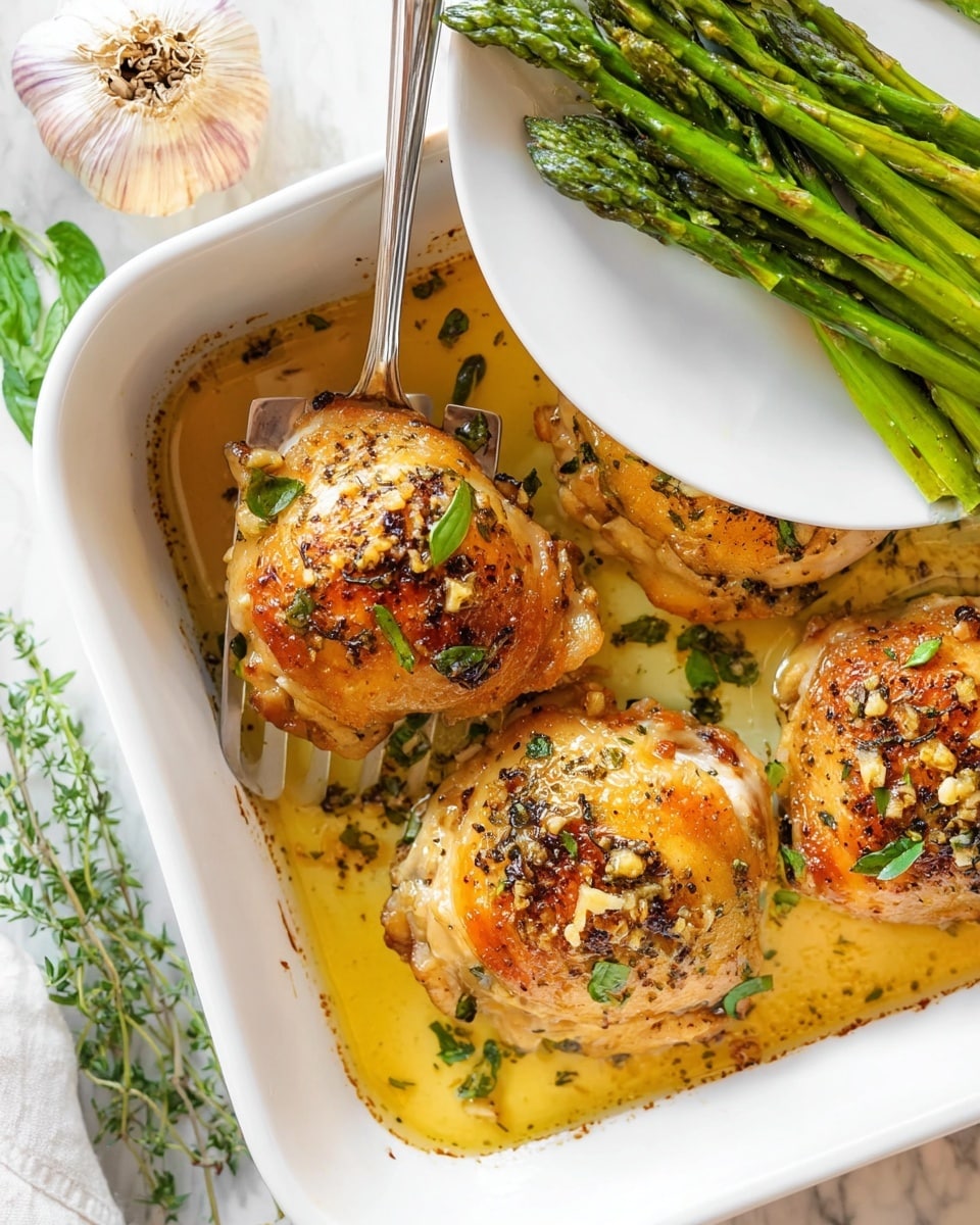 The image shows a white baking dish filled with three pieces of roasted chicken thighs, each with golden brown, slightly crispy skin topped with small bits of garlic and fresh green herb leaves. The chicken sits in a pool of light yellow cooking juices. A metal spatula is lifting one chicken piece from the dish. To the right, a white plate holds a bunch of bright green cooked asparagus spears. The background is a white marbled texture with sprigs of fresh herbs and a bulb of garlic nearby, all under bright, natural light. photo taken with an iphone --ar 4:5 --v 7